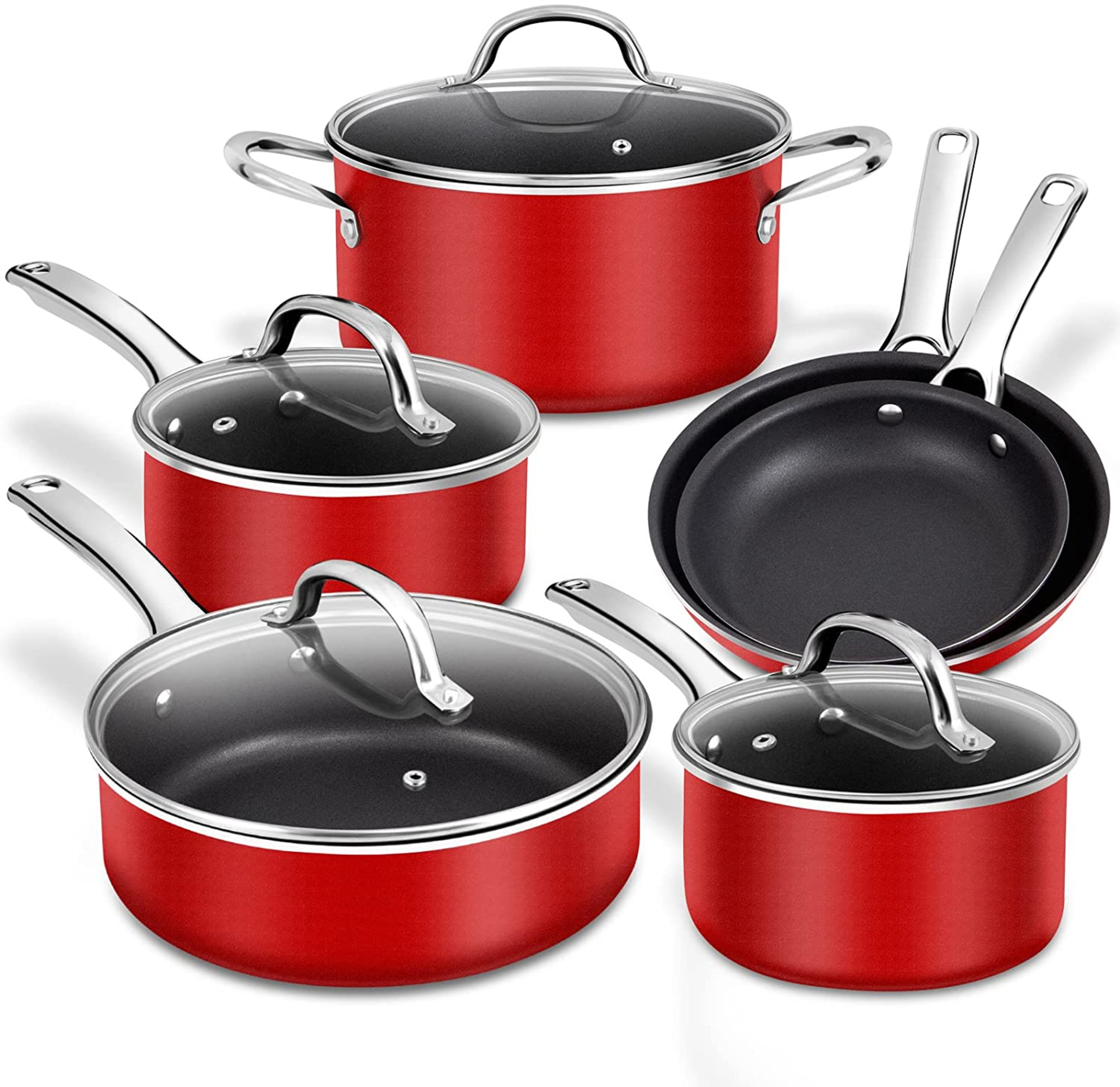 RRP £129.99 - New Red 10pc Pot & Pan Non Stick Induction Cookware Set
