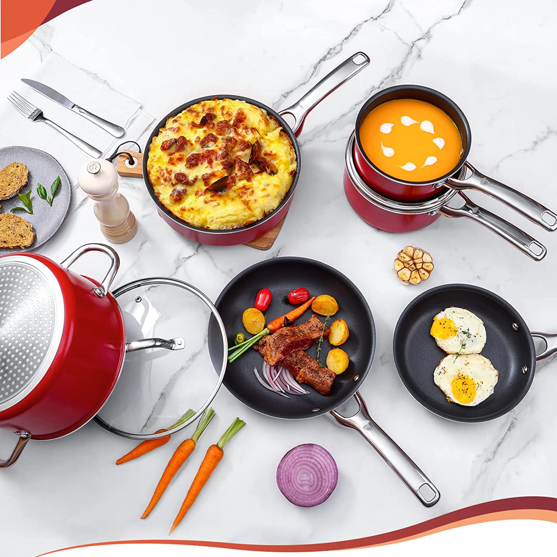 RRP £389.97 - x3 New Red 10pc Pot & Pan Non Stick Induction Cookware Set - Image 4 of 4