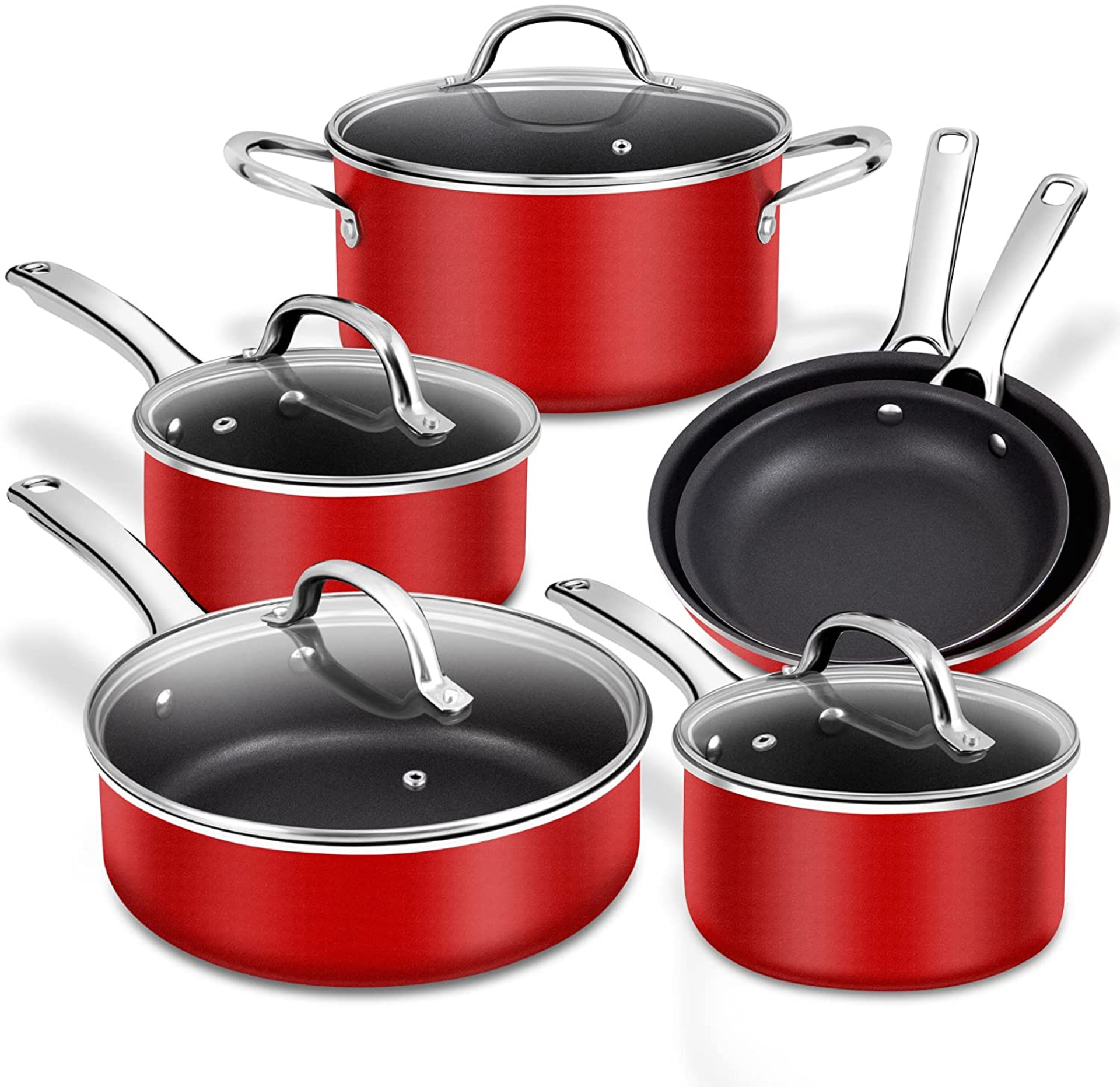 RRP £389.97 - x3 New Red 10pc Pot & Pan Non Stick Induction Cookware Set