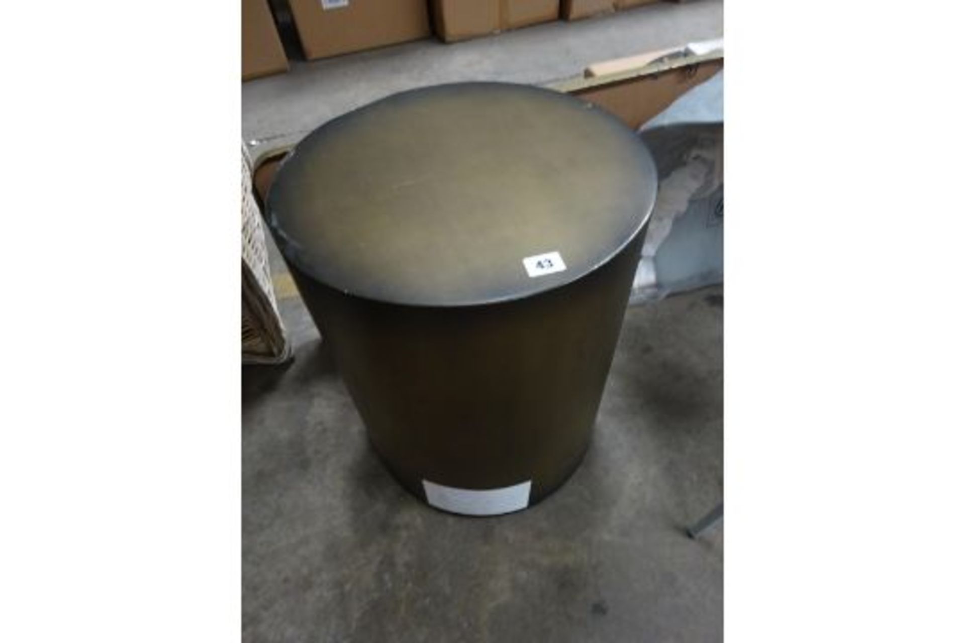 RRP £295 - Burnished Gold Drum Side Table (Wobbly Base & Chips)