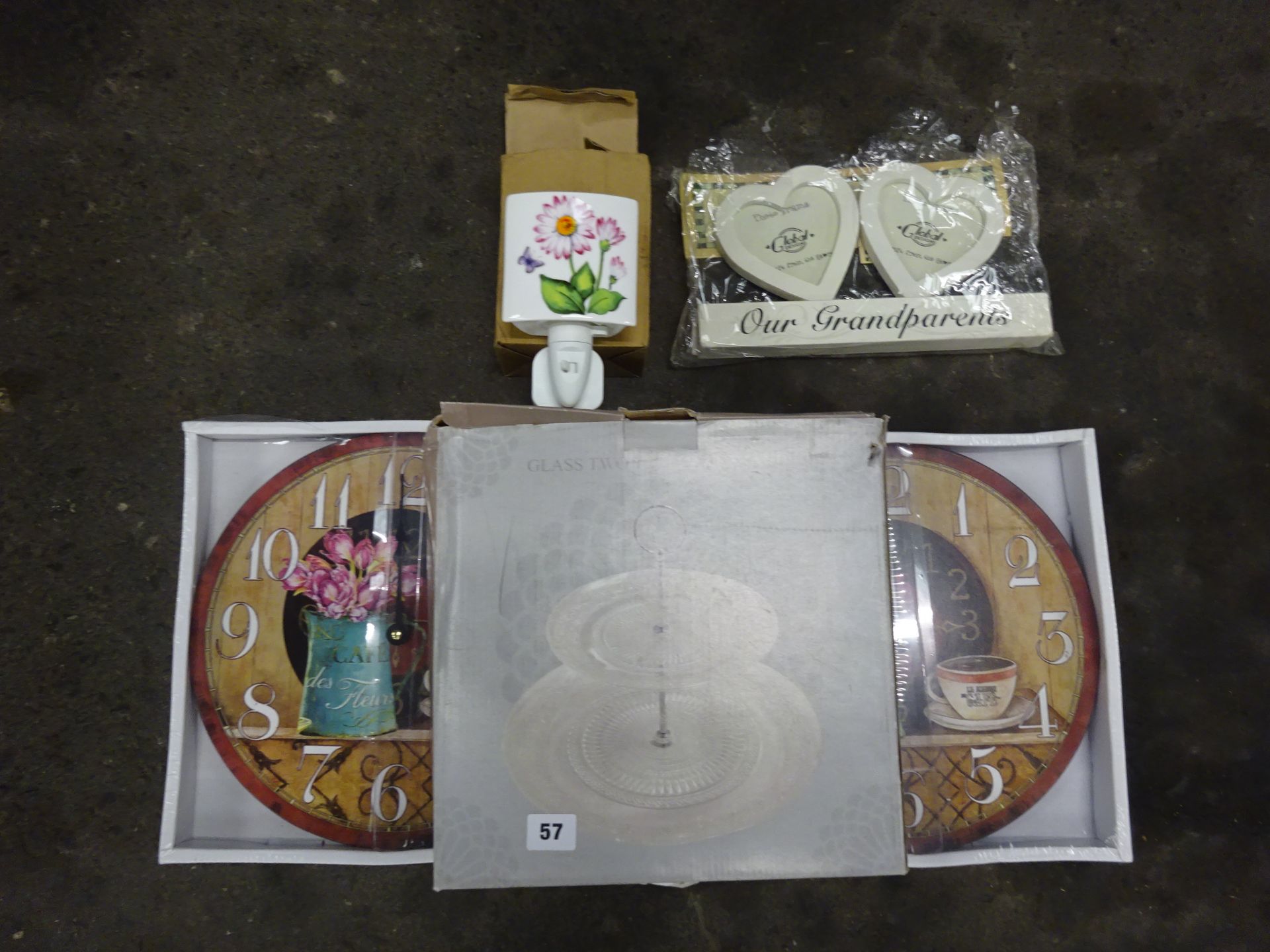 2 WALL CLOCKS, CAKE STAND & PICTURE FRAME