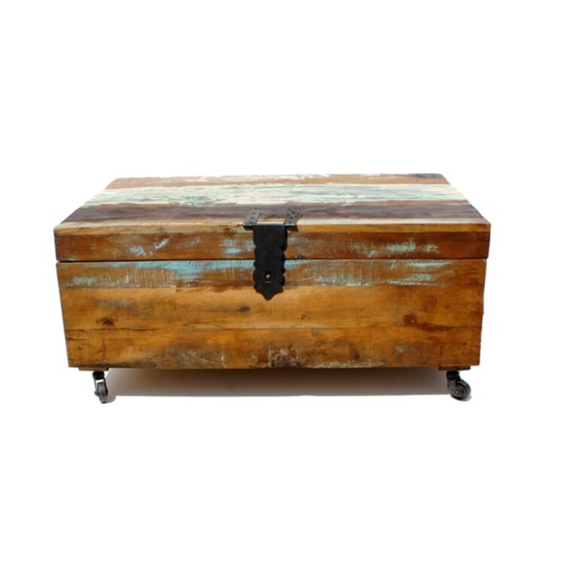 RRP £499 - Sanjay Old Distressed Painted Teak Trunk - 90 x 60 cm D x 40cm H SMALL CRACK, COLLECTION - Image 3 of 4