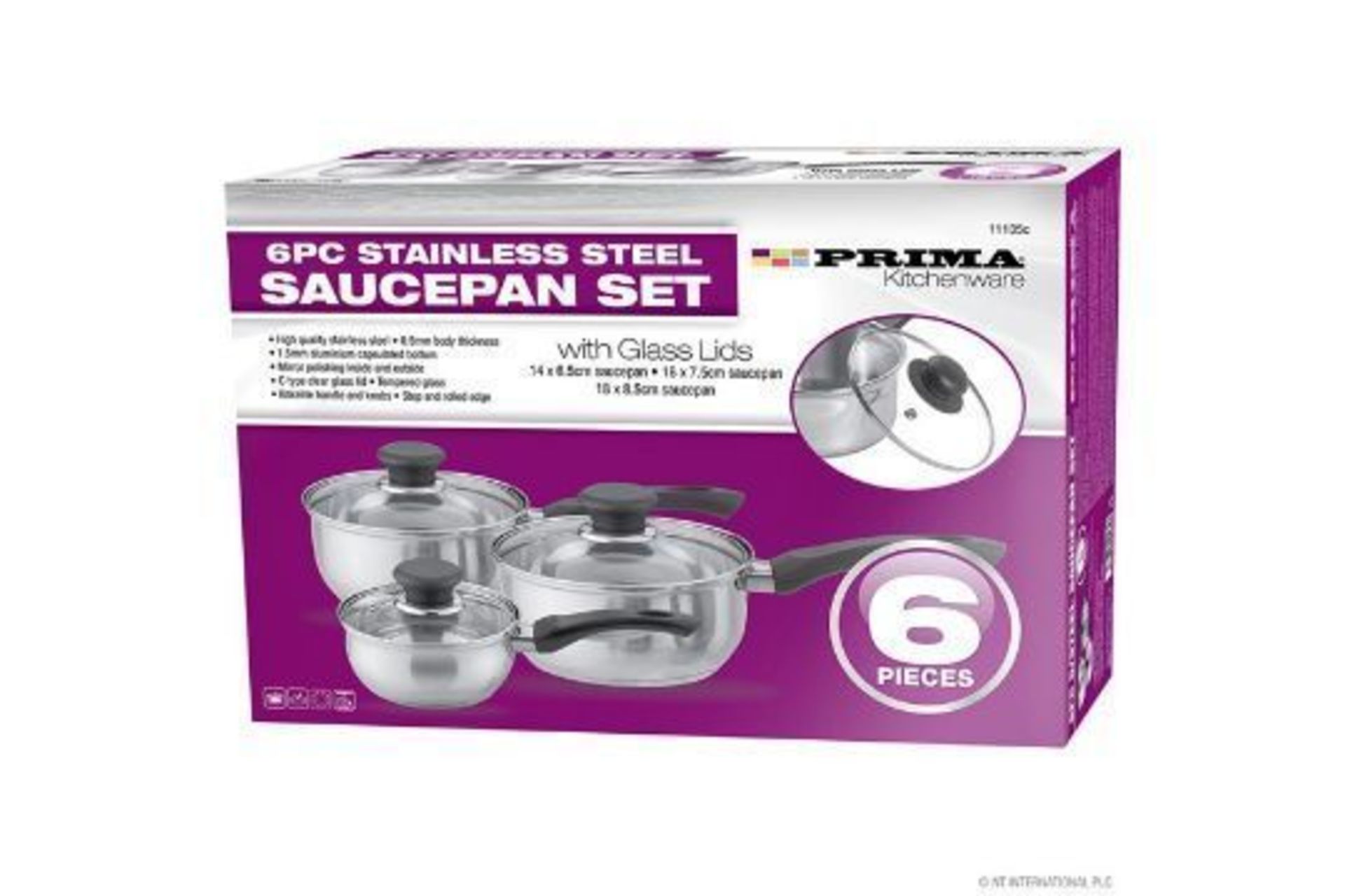 New Prima 6pc S/S Cookware Set with Glass Lids 14/16/18cm