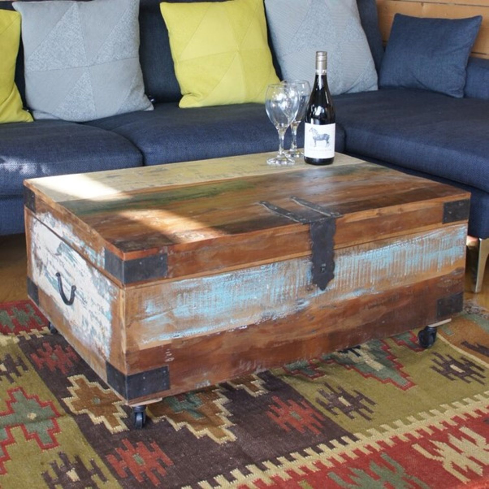 RRP £499 - Sanjay Old Distressed Painted Teak Trunk - 90 x 60 cm D x 40cm H SMALL CRACK, COLLECTION