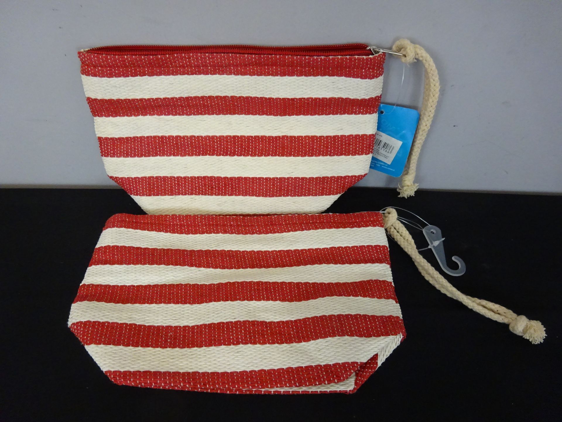 x2 New Red Striped Woven Cosmetic Bag