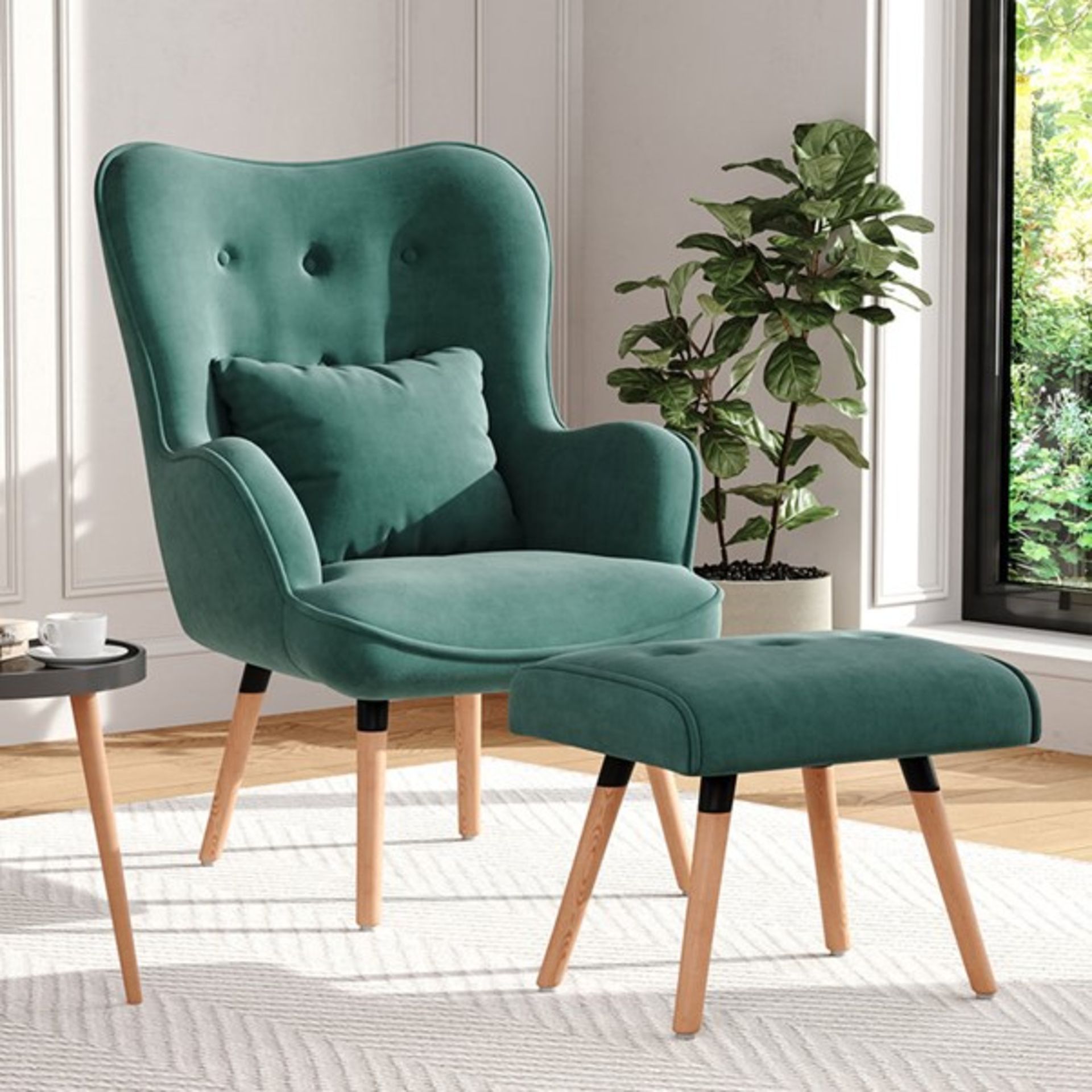 RRP £256.99 - Glenam 74Cm Wide Tufted Velvet Wingback Chair and Ottoman - Green - COLLECTION ONLY