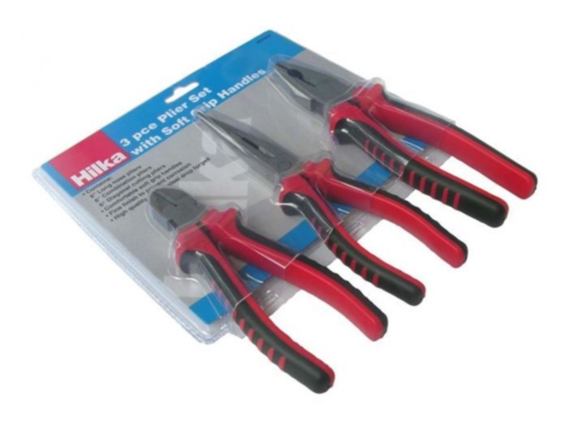 New Hilka 3 pce Pliers Set with Soft Grip Handles - Contains: 8" long nose pliers, 8" combination