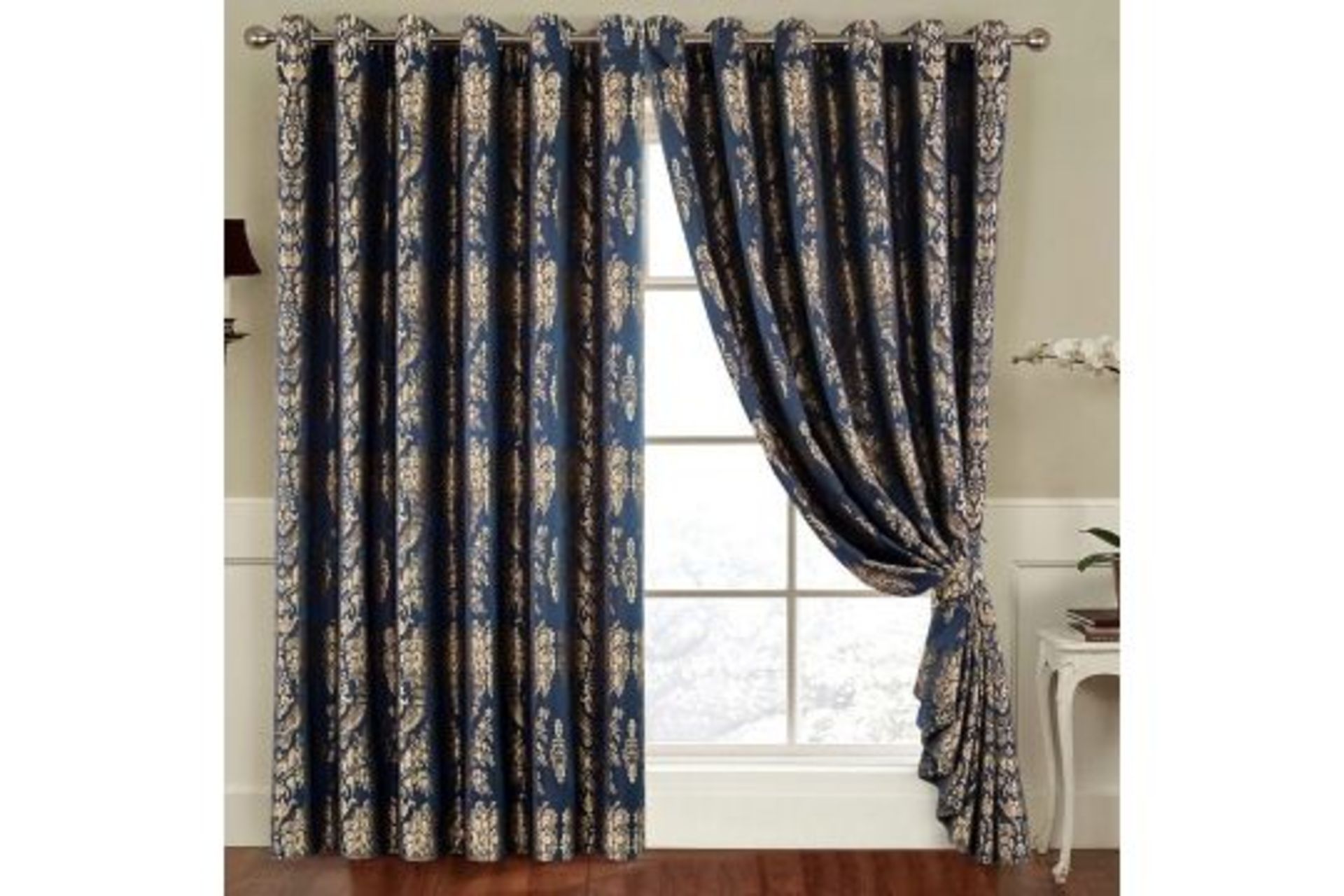 RRP £31.05-jacquard curtain-Navey/gold--1 pair-117cmx137cm