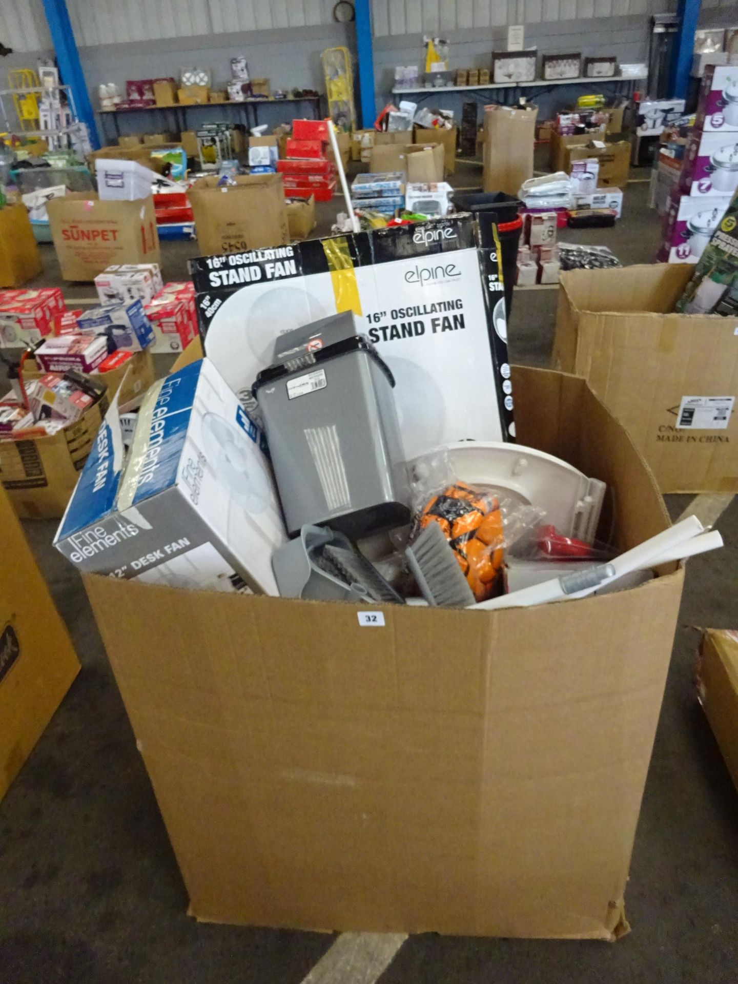 STANDING FAN,PLASTIC BIN, LG BOX OF ELECTRICAL & KITCHENWARE & ODDS