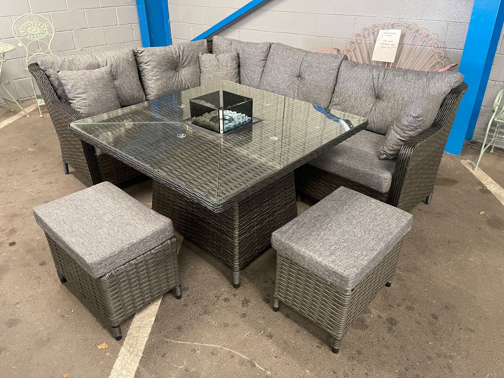 SRP £2250 - New Grey Six Seater Sofa Set With Dining Table With Burner & Two Stool - COLLECTION