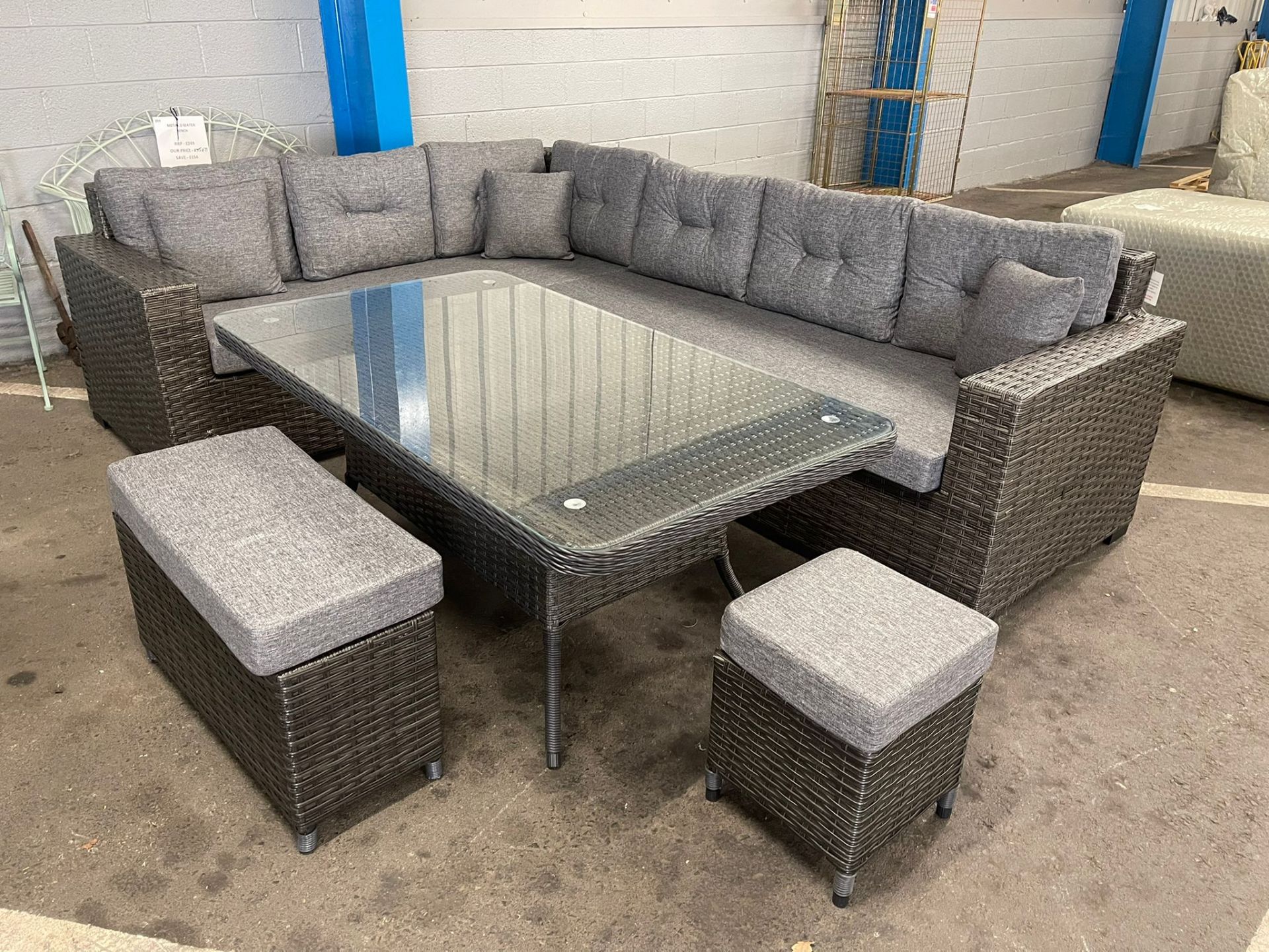 SRP £2750 - New Grey Eight Seater Sofa Set With Dining Table & Two Stools - LAST ONE - COLLECTION