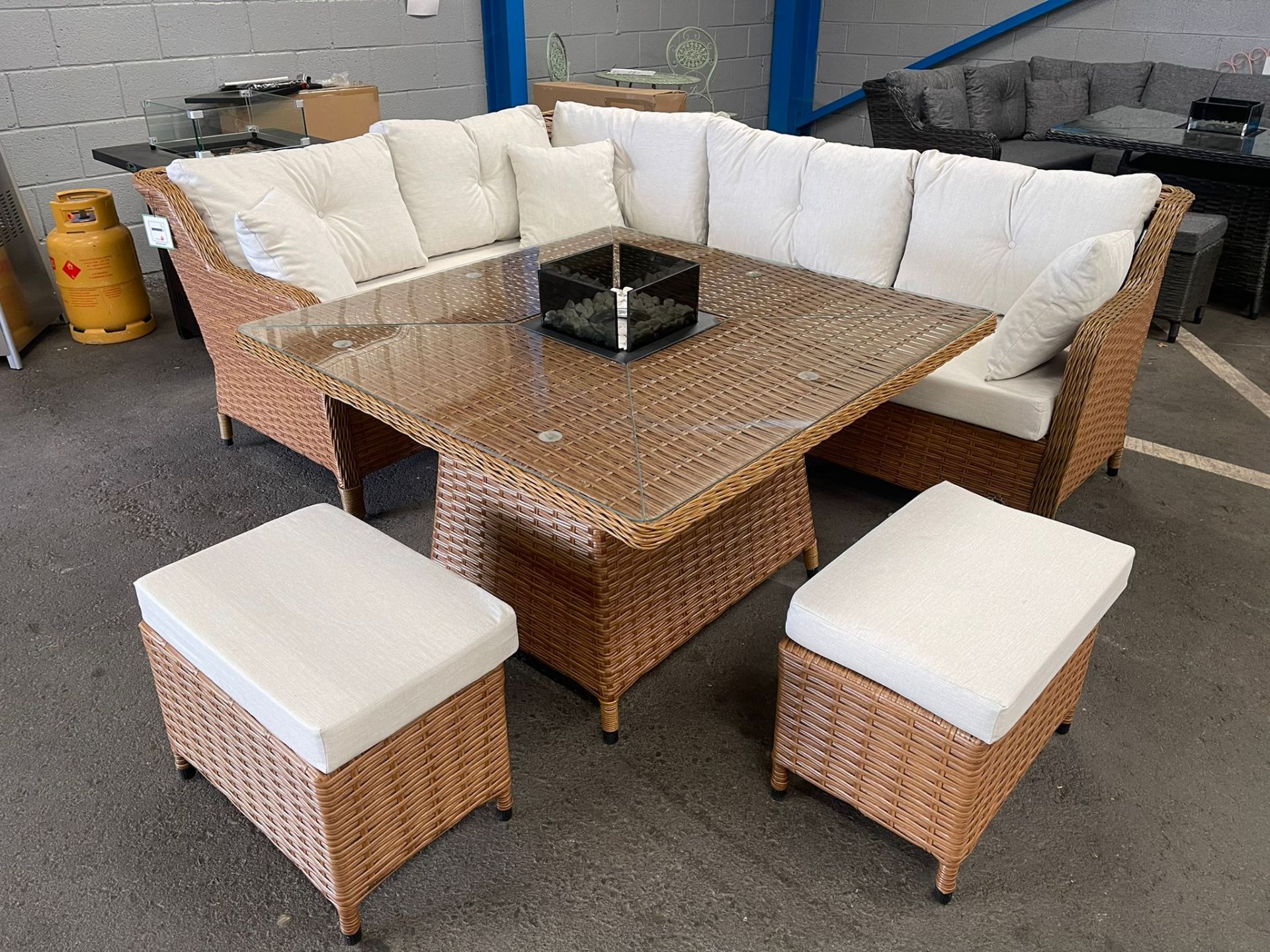 SRP £2250 - New Brown Six Seater Sofa Set With Dining Table With Burner & Two Stool - COLLECTION