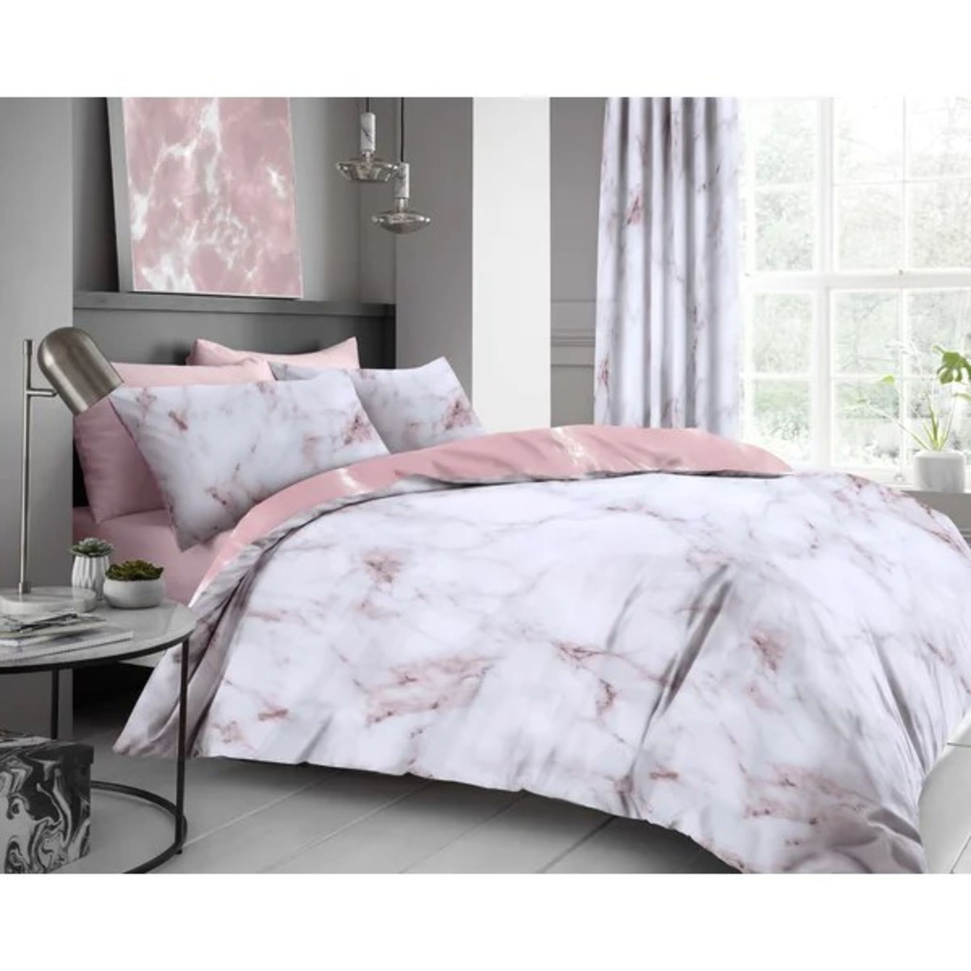 RRP £21.99 - Marble Duvet Cover - Size: Double - 2 Standard Pillowcases, Colour: Blush Pink