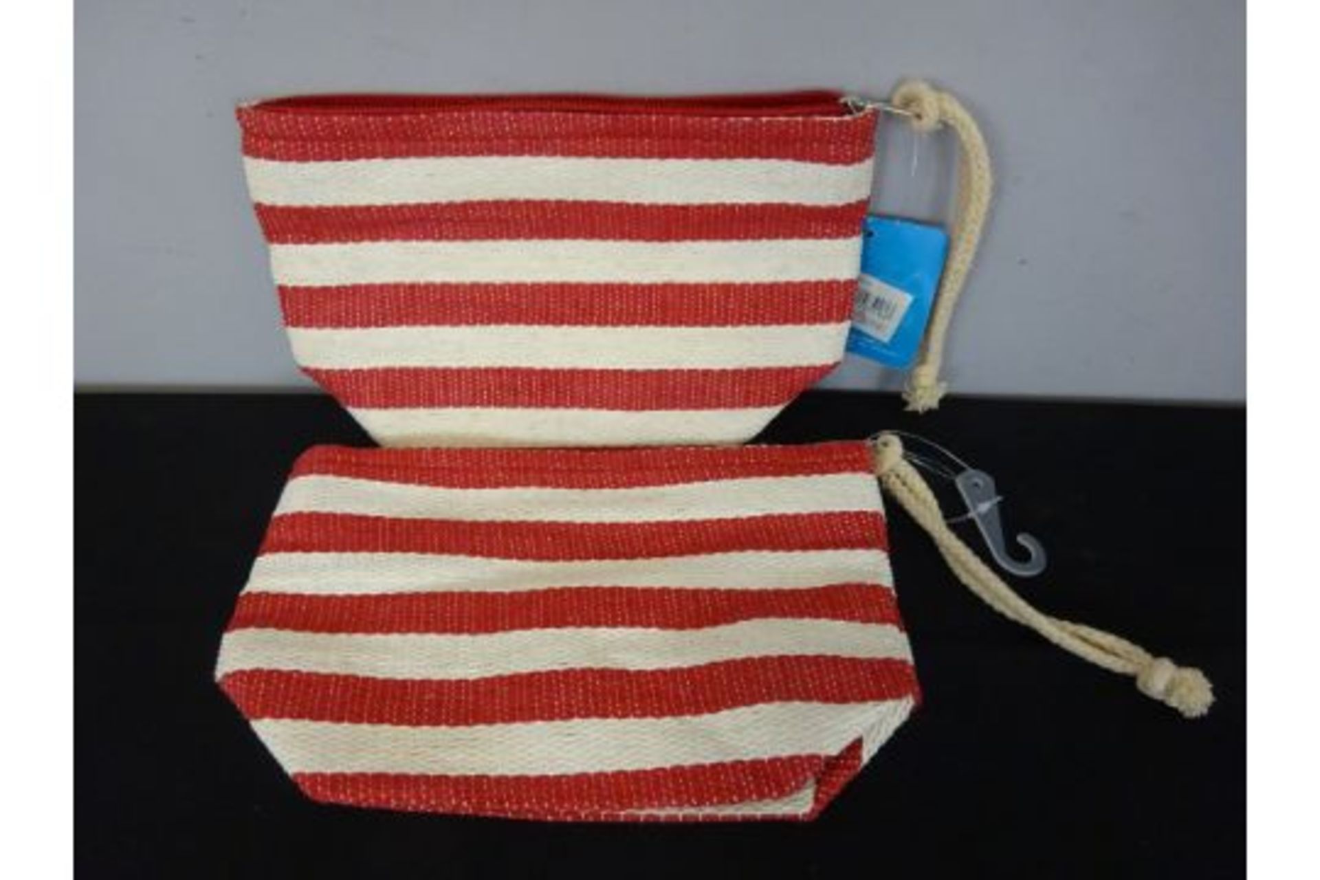 x2 New Red Striped Woven Cosmetic Bag