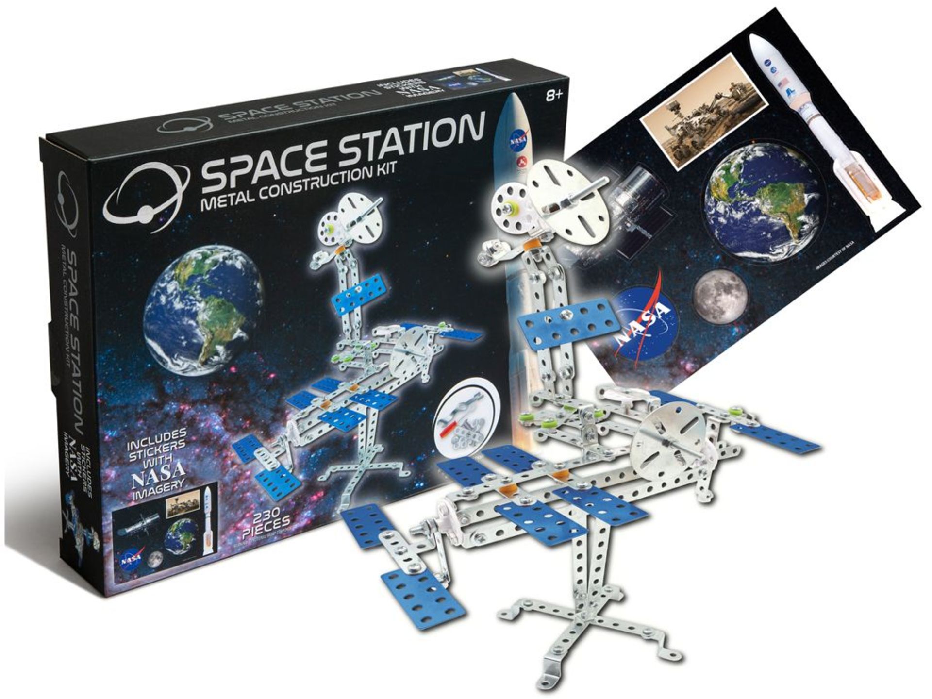 NASA SPACE STATION METAL CONSTRUCTION KIT INCLUDES 230PC KIT, 1 WRENCH, 1 SCREWDRIVER & NASA