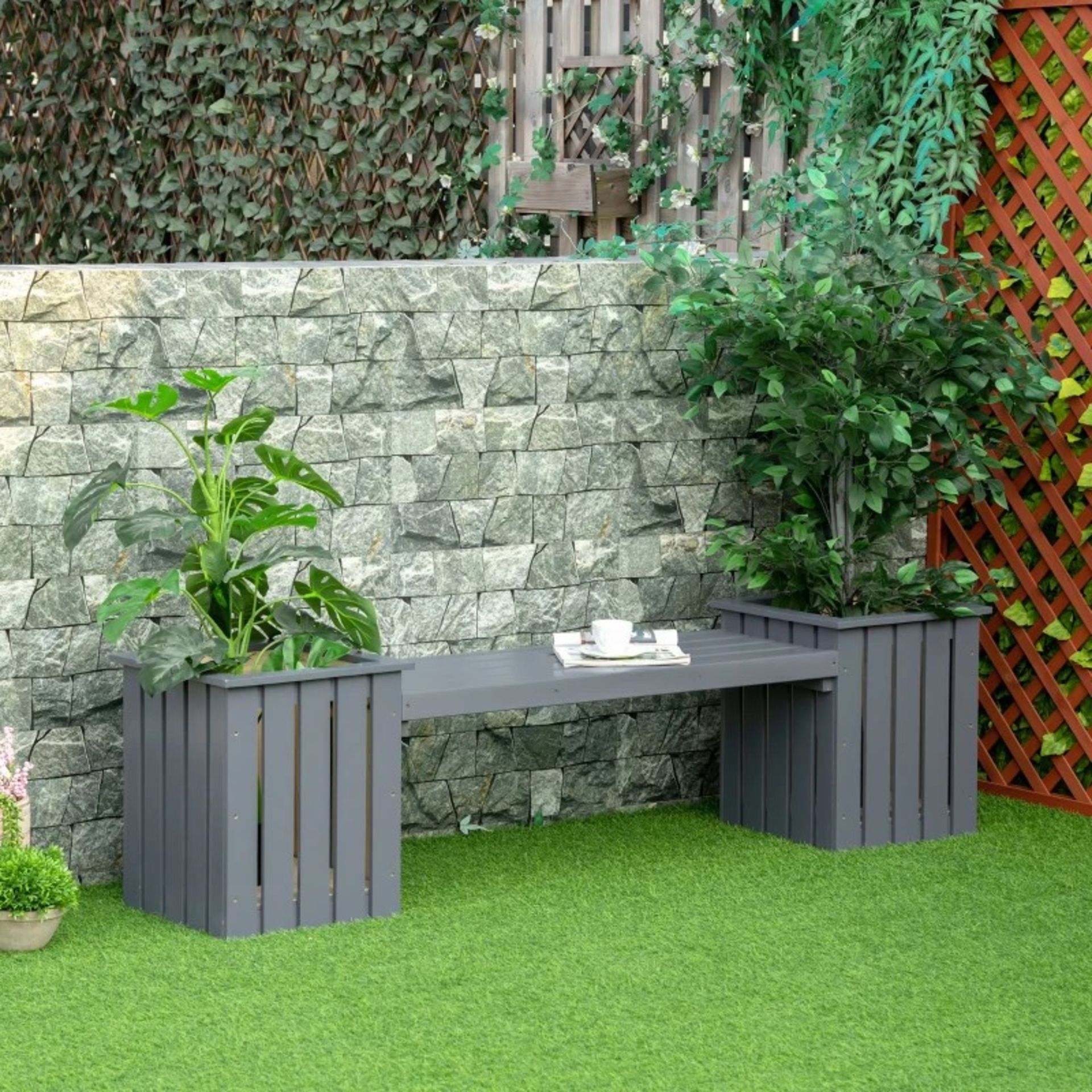 RRP £119.99 - 2 Seater Wooden Garden Planter & Bench Combination, Planter Box with Garden Bench