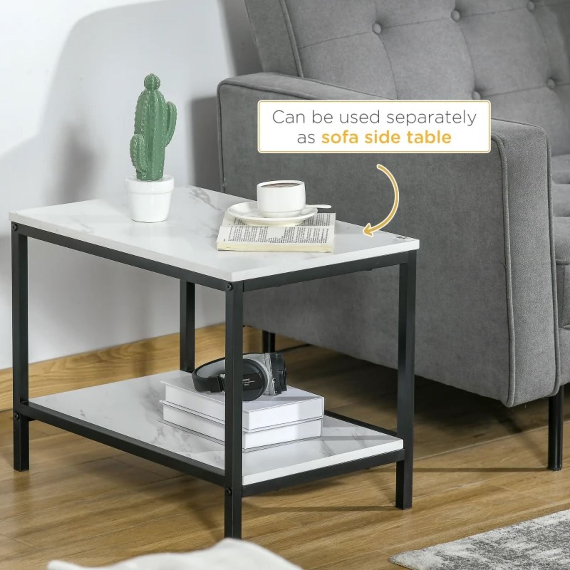 RRP £99.99 - Modern Coffee Table Set of Two, Marble-Effect Nesting Side Tables with Steel Frame - Image 3 of 5