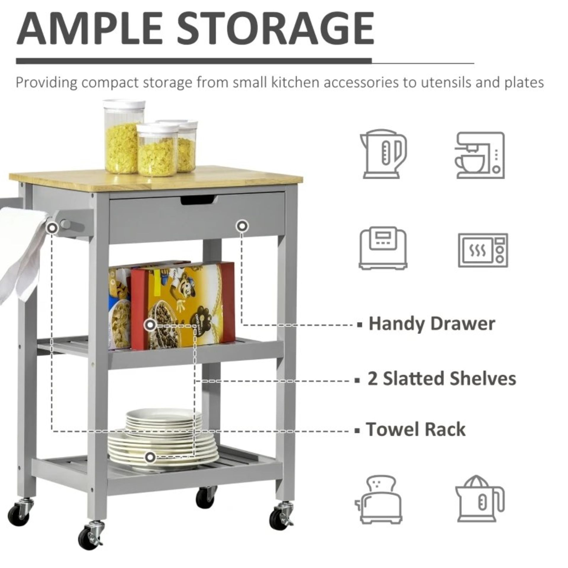 RRP £94.99 - Kitchen Trolley Utility Cart on Wheels with Rubberwood Worktop, Towel Rack, Drawer - - Image 2 of 4