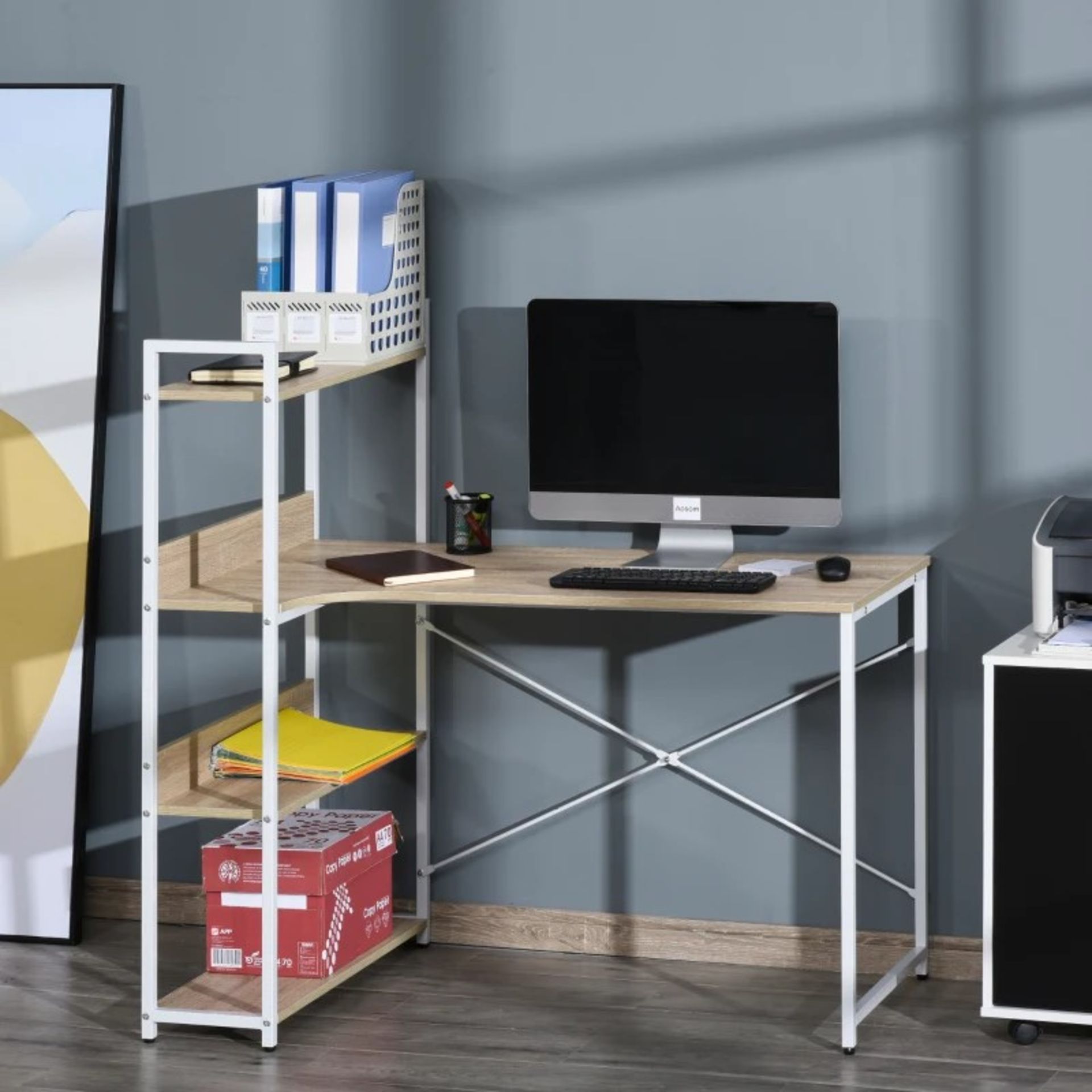 RRP £82.99 - Metal Frame 4-Tier Storage Desk Oak/White - DIMENSIONS: 120H x 120W x 70Dcm. Desk: