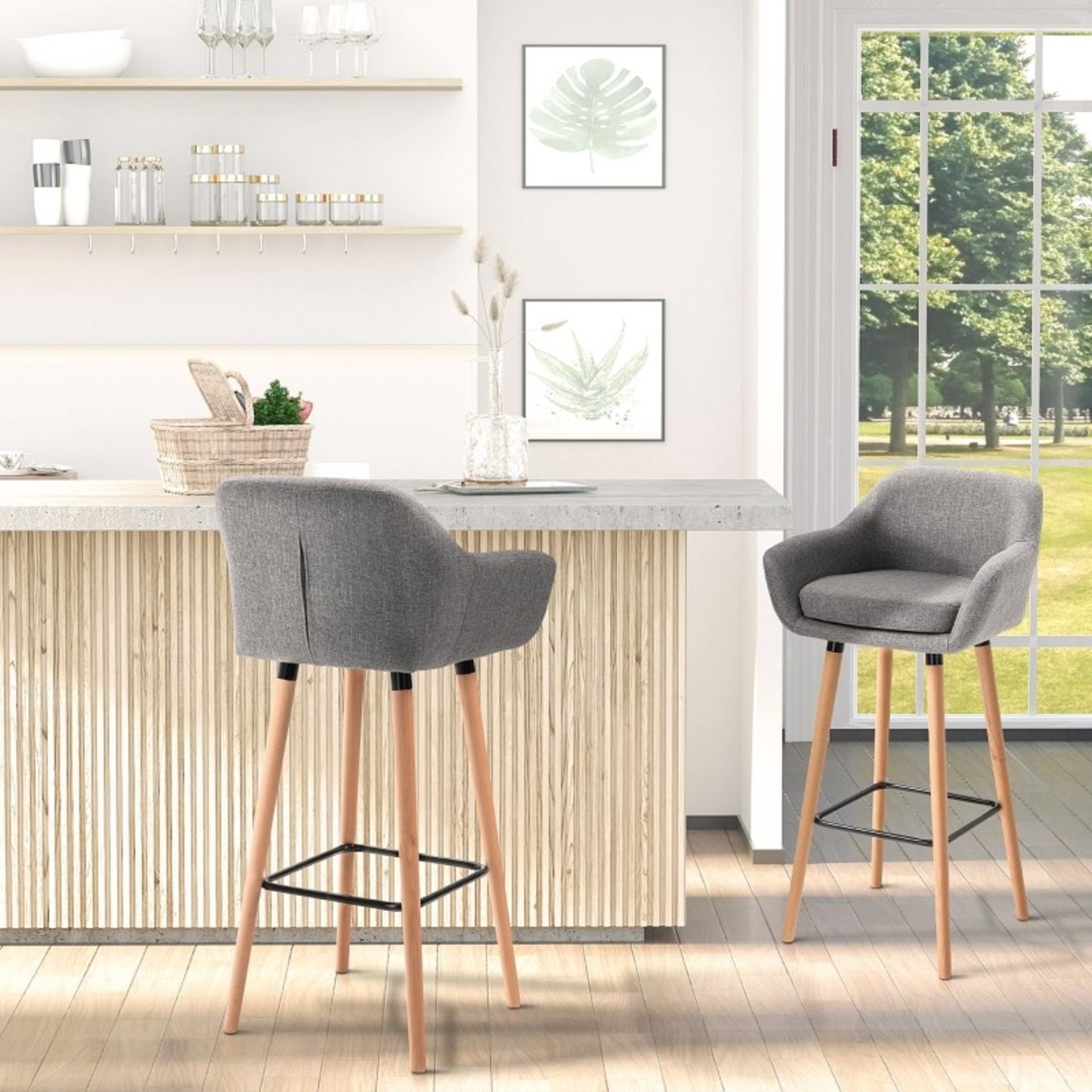 RRP £156.99 - Set of 2 Bar Stools Modern Upholstered Seat Bar Chairs w/ Metal Frame, Solid Wood Legs