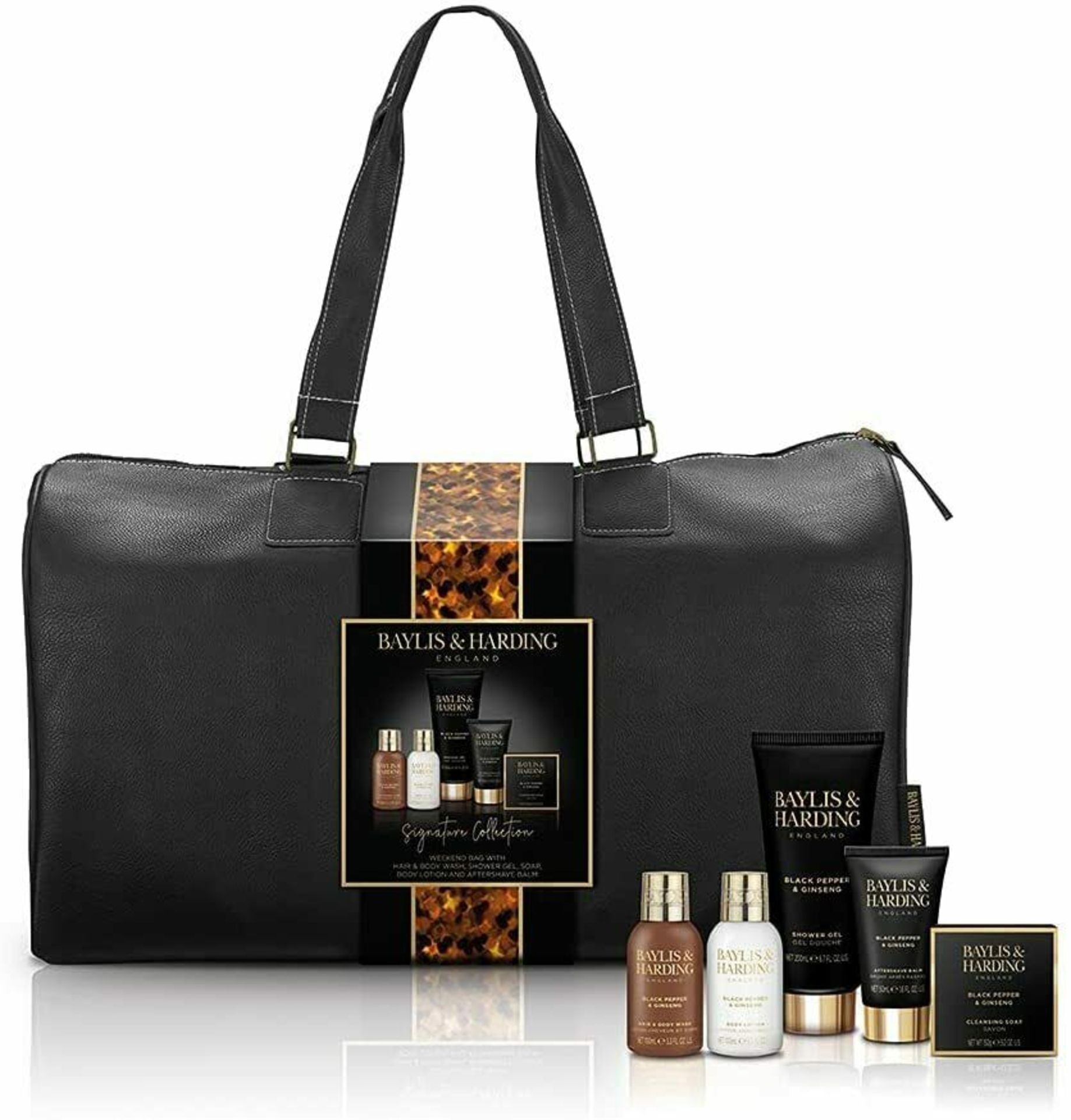 RRP £30.99 - New Bayliss & Harding Black Leather Weekend Bag With Hair & Body Wash, Shower Gel,