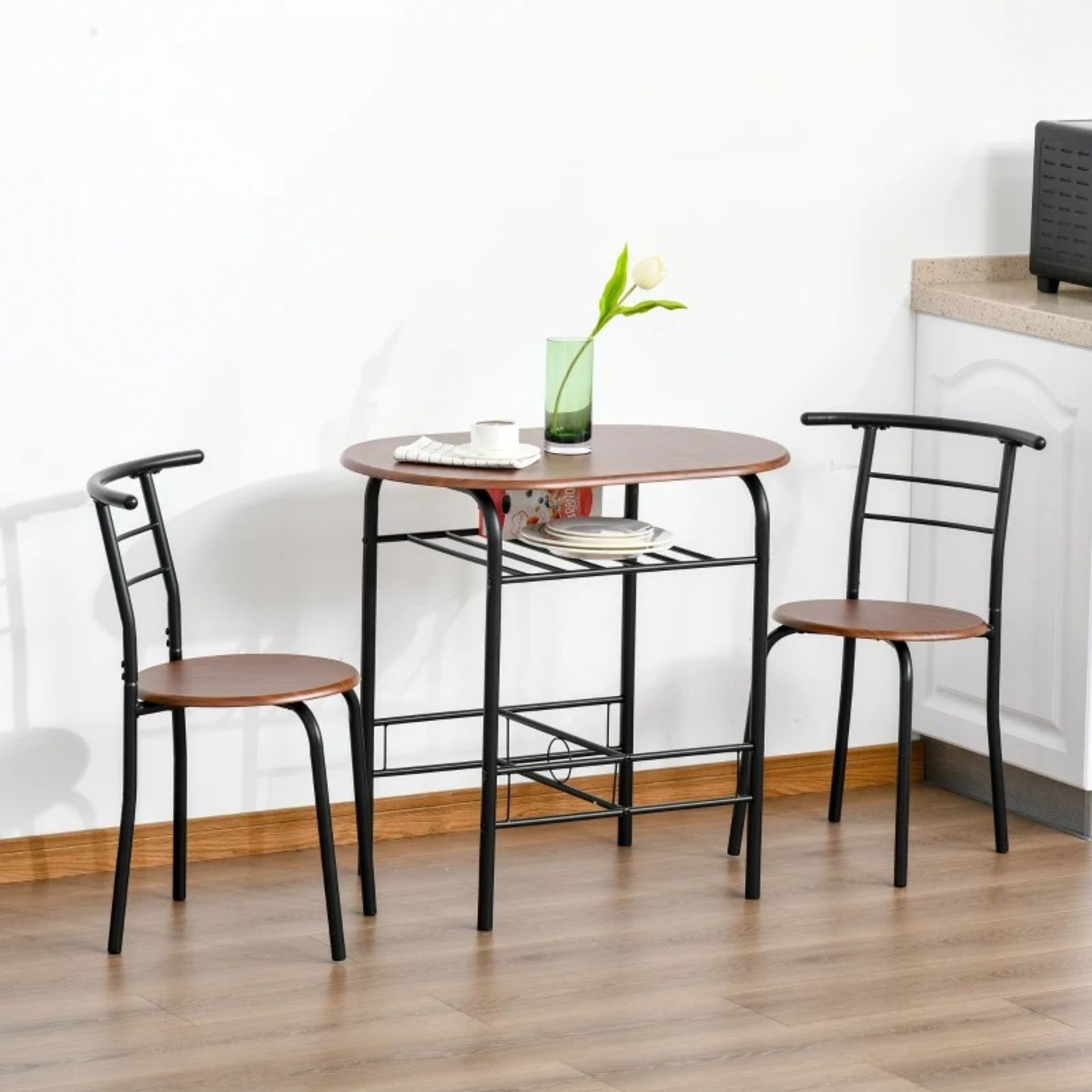 RRP £86.99 - 2-Seater Bar Stool and Table Set w/ Bottle Storage Shelf Wood Tone - DIMENSIONS: Table: