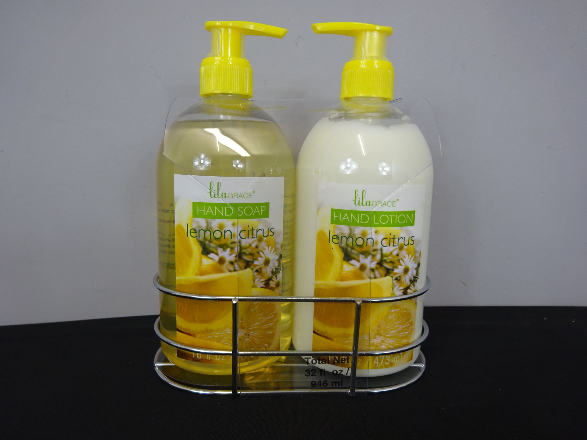 New Lila Grace 473ml Lemon Citrus Hand Soap & Hand Wash Set With Metal Holder