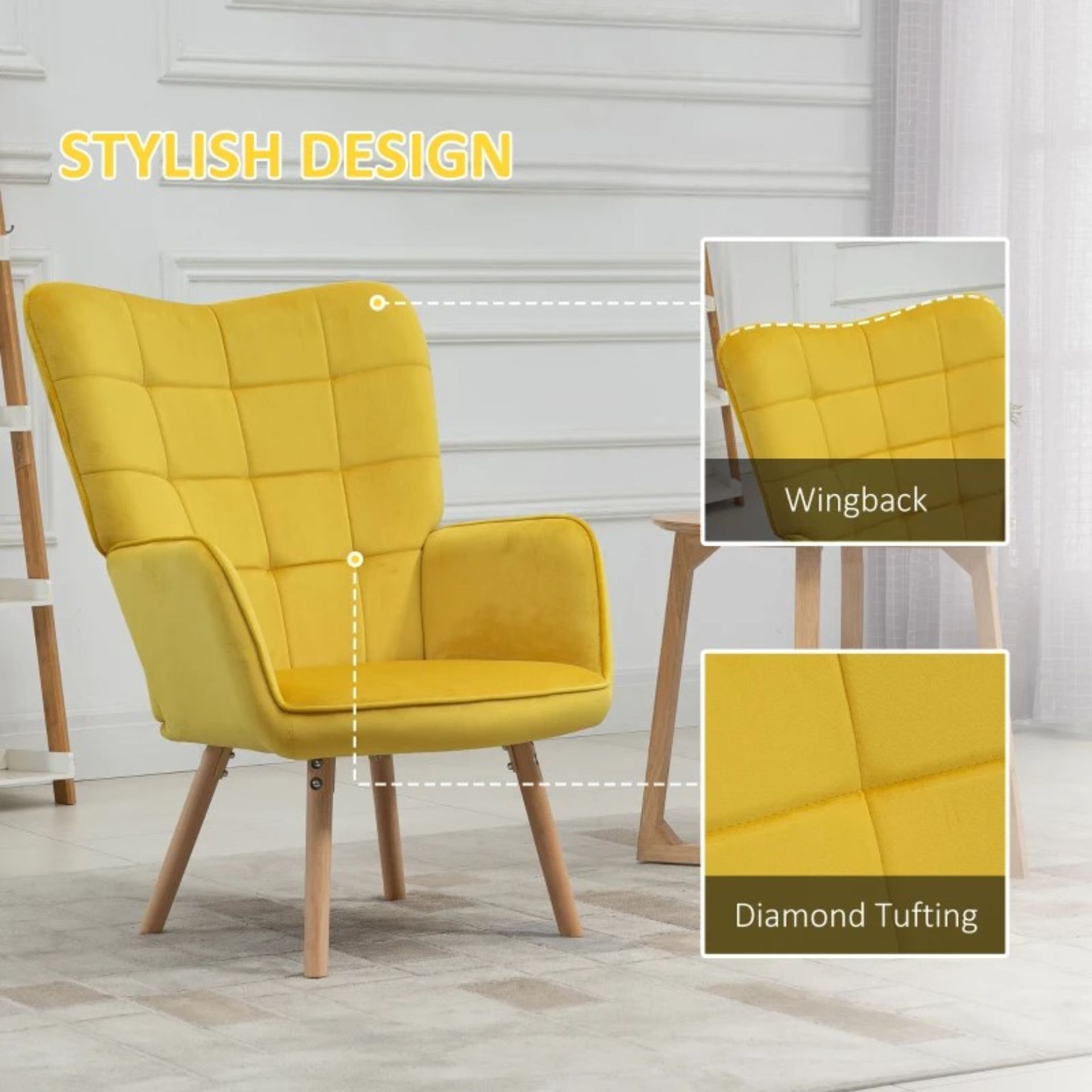 RRP £190 - Accent Chair VelvetTufted Wingback Armchair Club Chair with Wood Legs Yellow - - Image 2 of 4