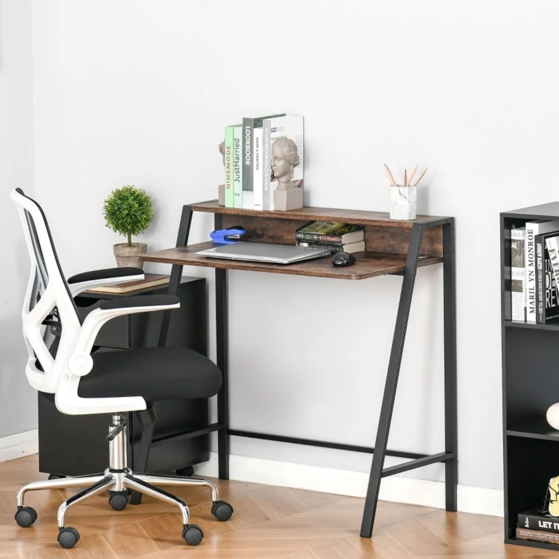 RRP £61.99 - Industrial-Style Open Writing Desk, with Top Shelf - Brown - 85H x 84L x 45Wcm. Top - Image 2 of 5