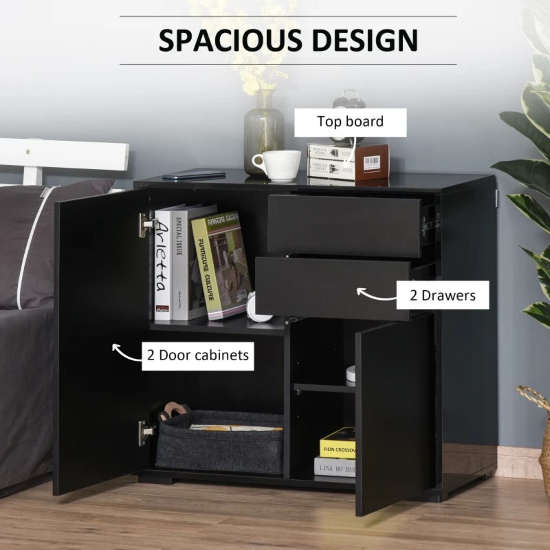 RRP £108.99 - Push-Open Two-Drawer Cabinet, with Two Doors – Black - DIMENSIONS: 74H x 79W x 36Dcm. - Image 2 of 4