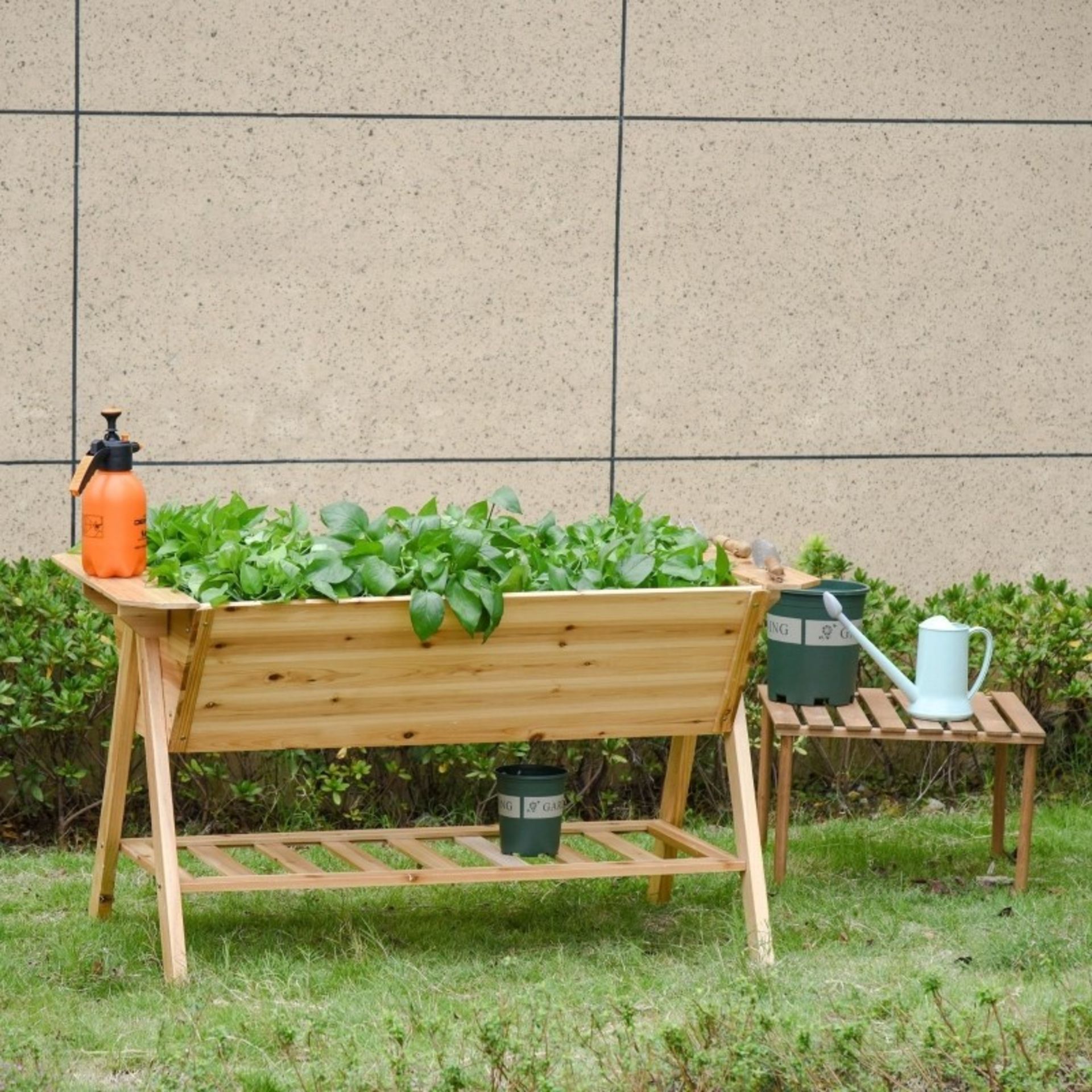 RRP £129.99 - Wooden Planter Garden Raised Bed Free Standing with Storage Shelf Plates -