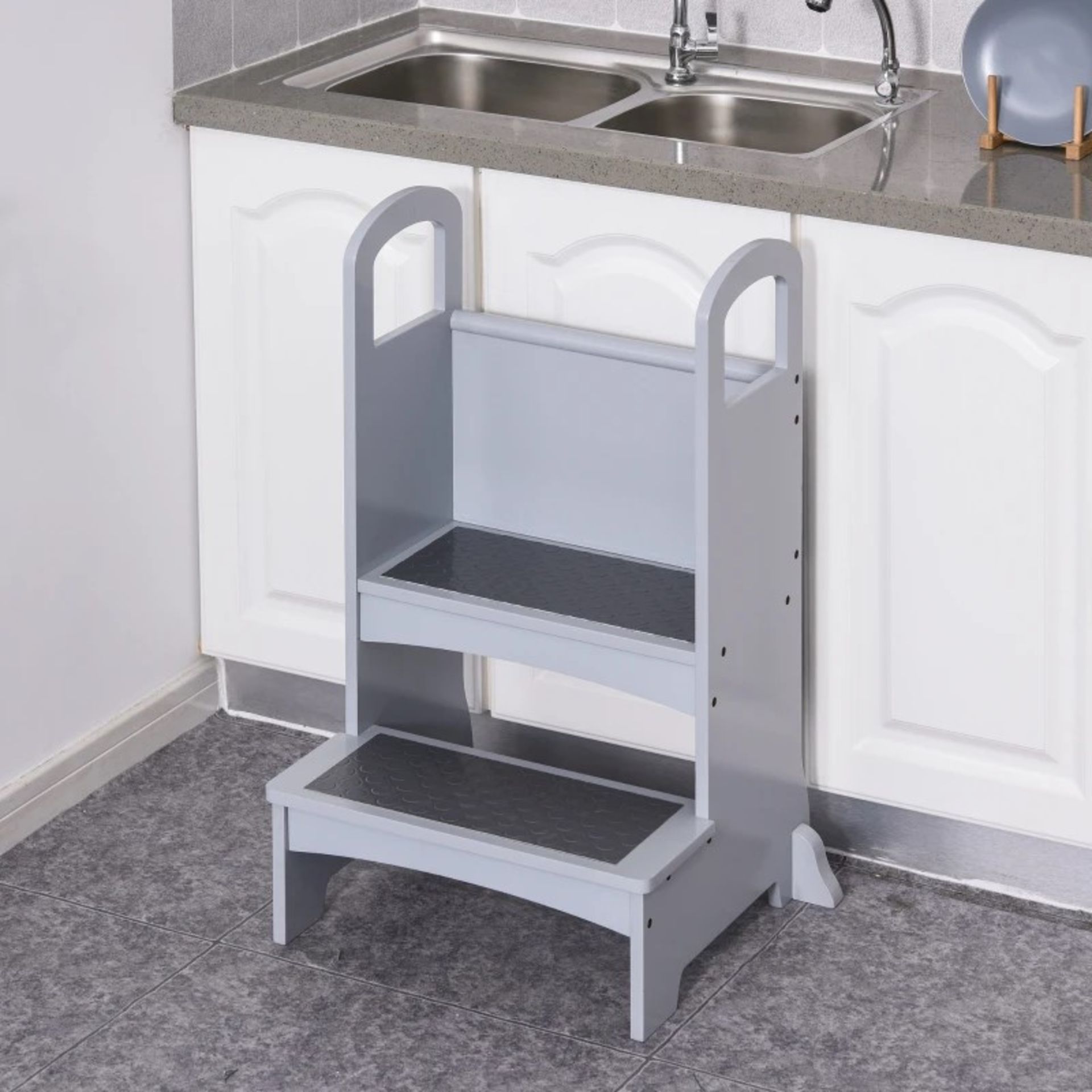 RRP £57.99 - Kids Two-Step Stool, with Handles – Grey - ANTI-SLIP PANELS: Placed on both the steps