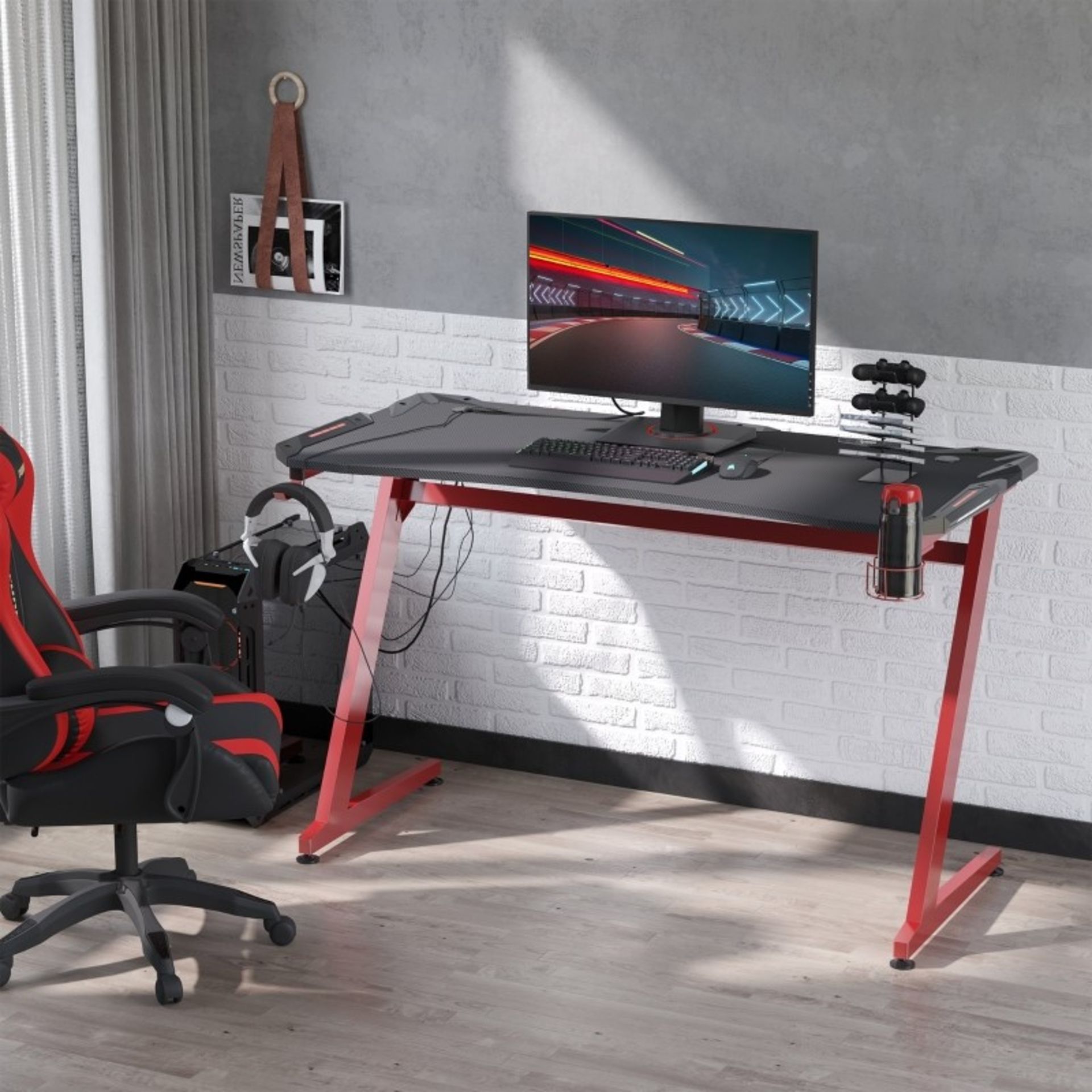 RRP £119 - Gaming Desk, Ergonomic Home Office Desk, Gamer Workstation Racing Table, with Headphone