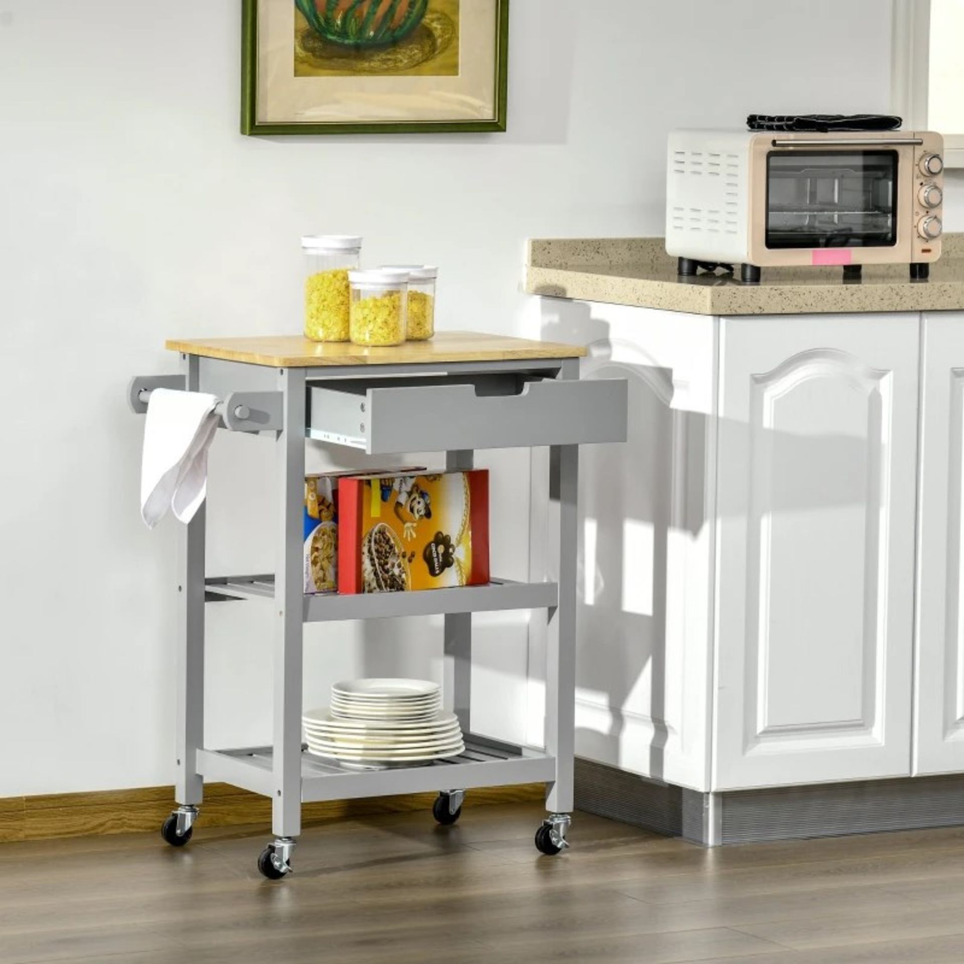 RRP £94.99 - Kitchen Trolley Utility Cart on Wheels with Rubberwood Worktop, Towel Rack, Drawer -