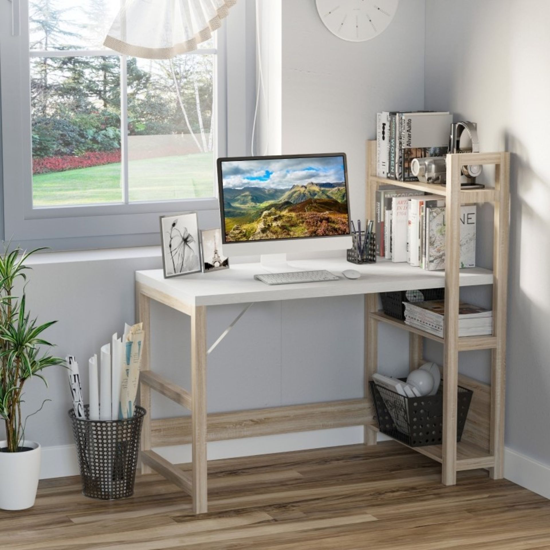 RRP £99.99 - Particle Board 3-Tier Shelves Study Desk White/Oak - Dimensions: 120.5H x 120L x