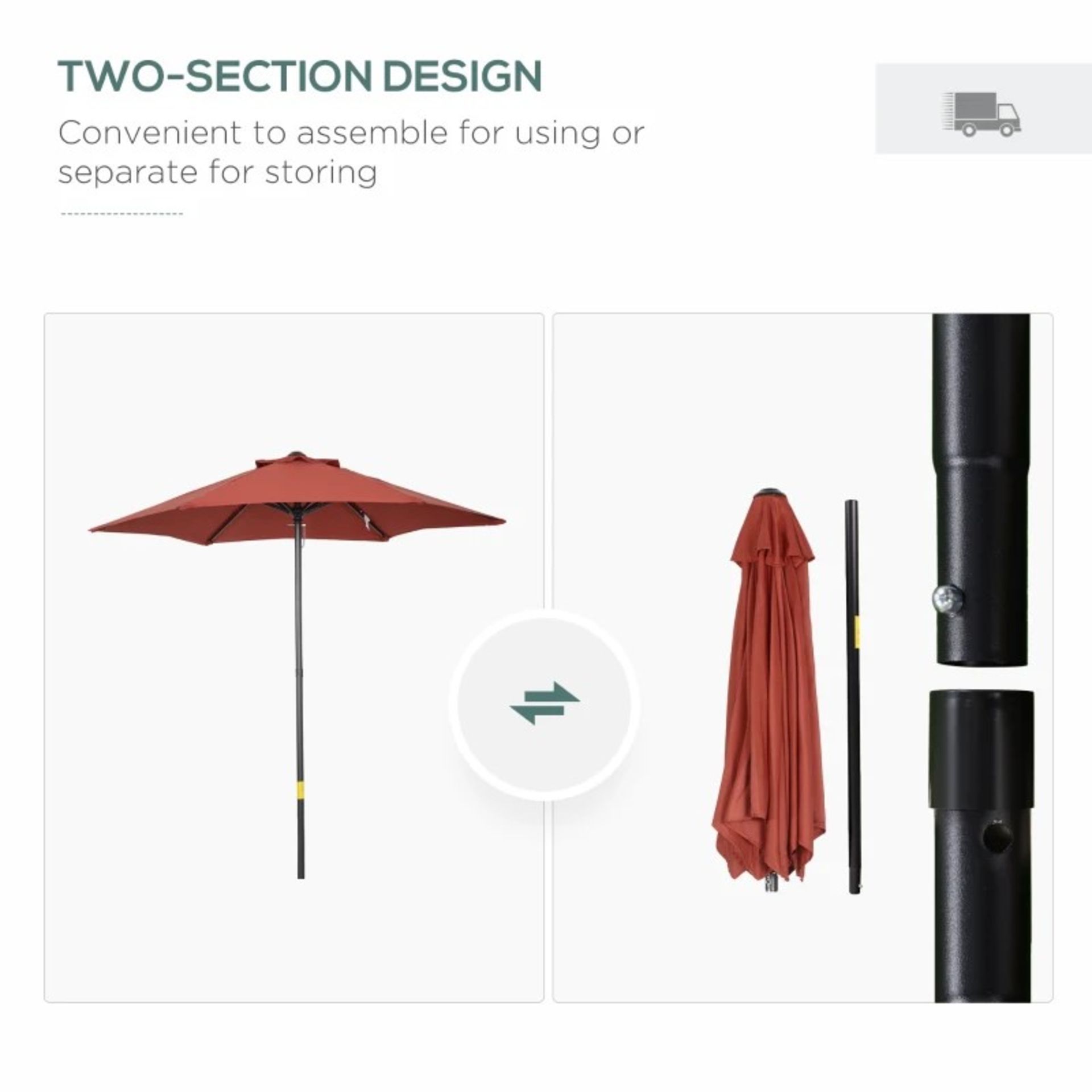 RRP £49.99 - 2m Parasol Patio Umbrella, Outdoor Sun Shade with 6 Sturdy Ribs for Balcony, Bench, - Image 2 of 3