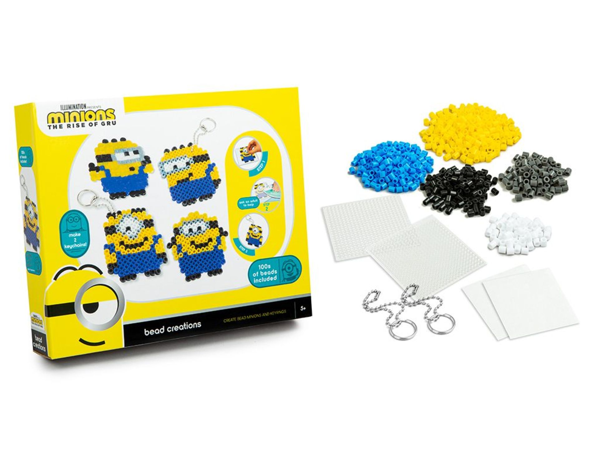 MINIONS THE RISE OF GREW BEAD CREATIONS INCLUDES 2 PEG BOARDS, 2 KEYRINGS, 2 IRONING SHEETS & 100