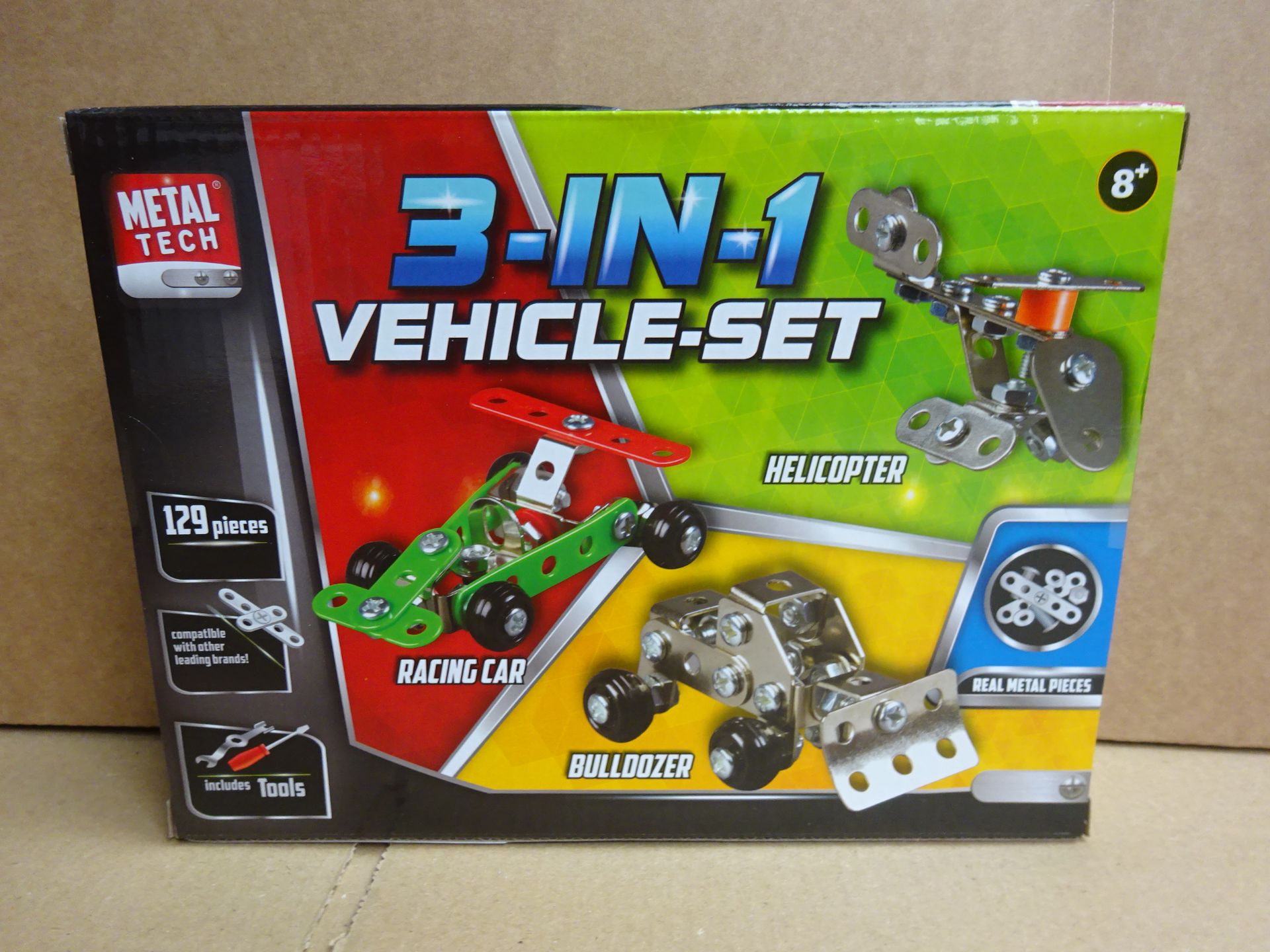 METAL TECH 3 IN 1 VEHICLE SET, HELICOPTER, RACING CAR & BULLDOZER