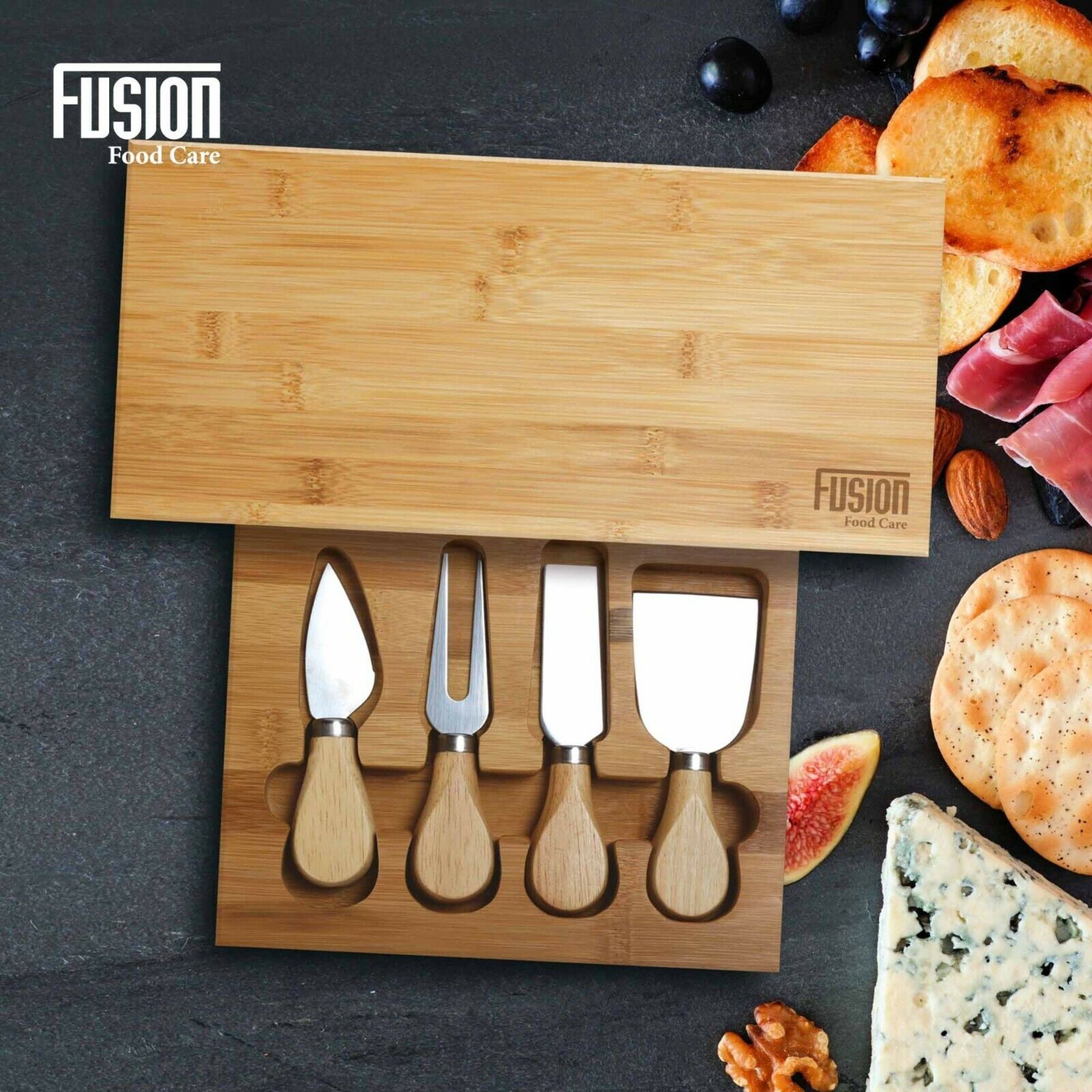 New Bamboo & Stainless Steel Cheese Board Set