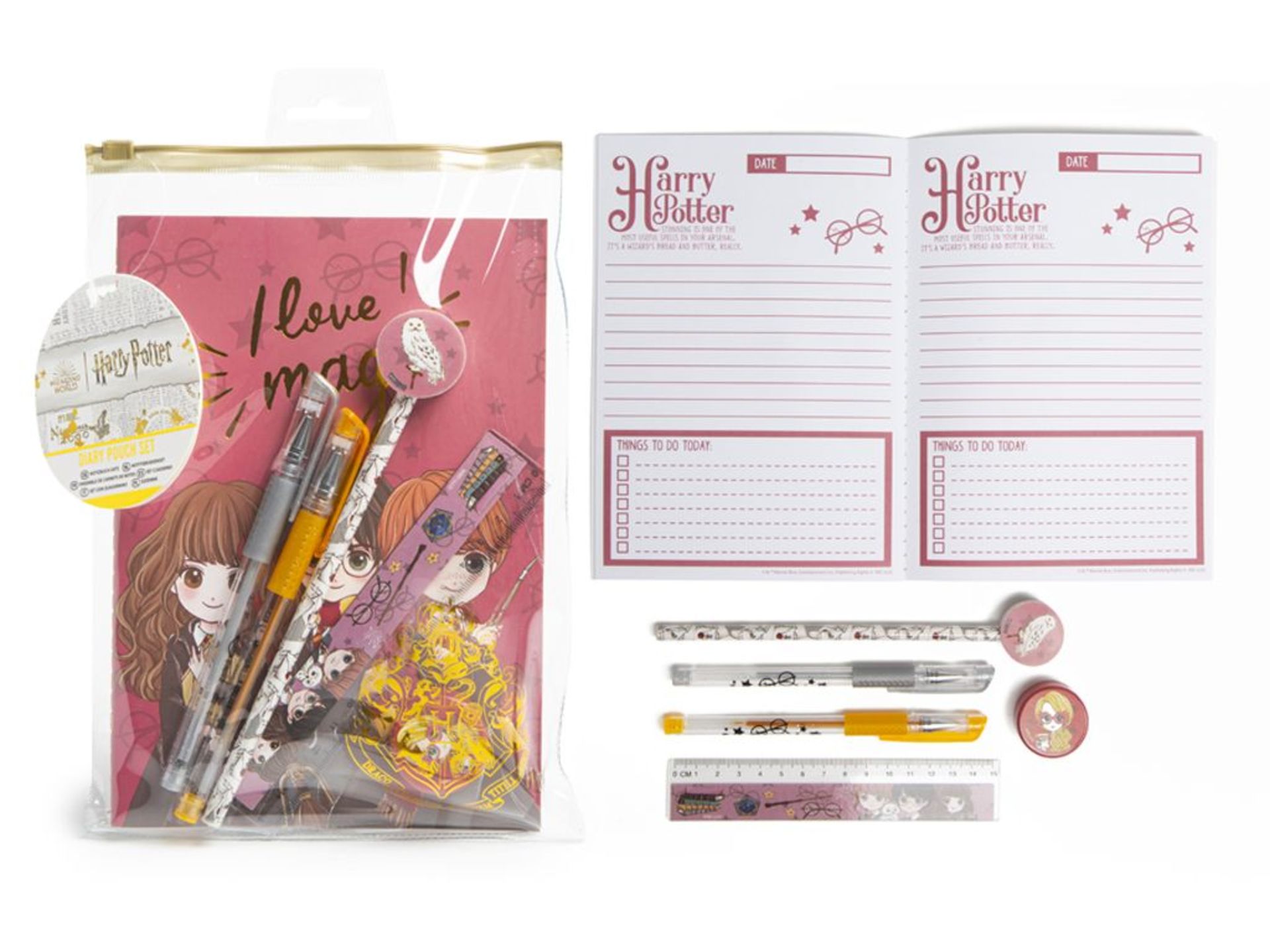 HARRY POTTER DIARY POUCH SET INCLUDES DIARY, 2 GEL PENS, PENCIL WITH ERASER, RULER & SHARPENER