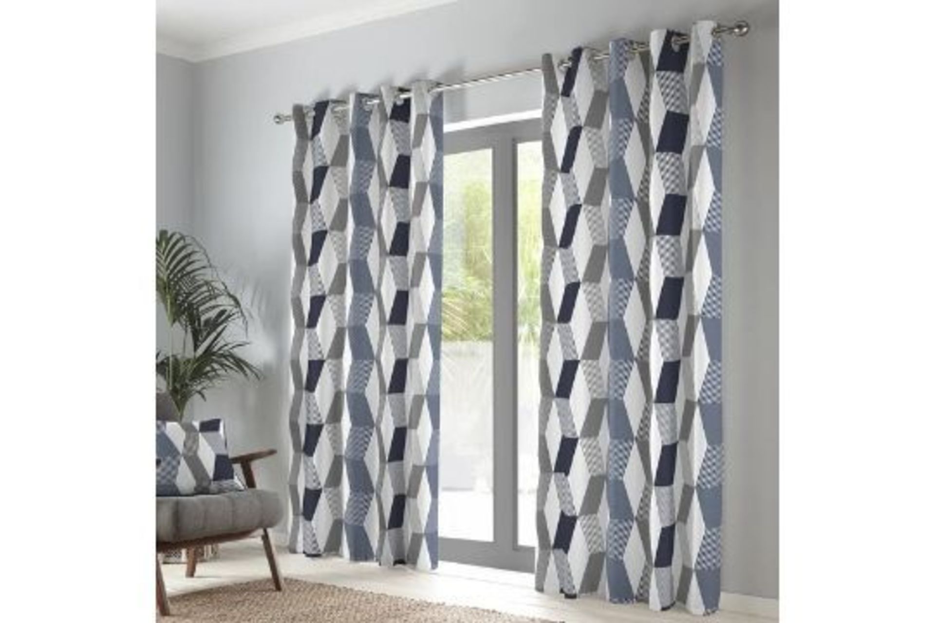 RRP £146.88 - Orin Eyelet Curtains (Set of 2) Colour Navy/grey/white- see pic. - 117cxm x137cm