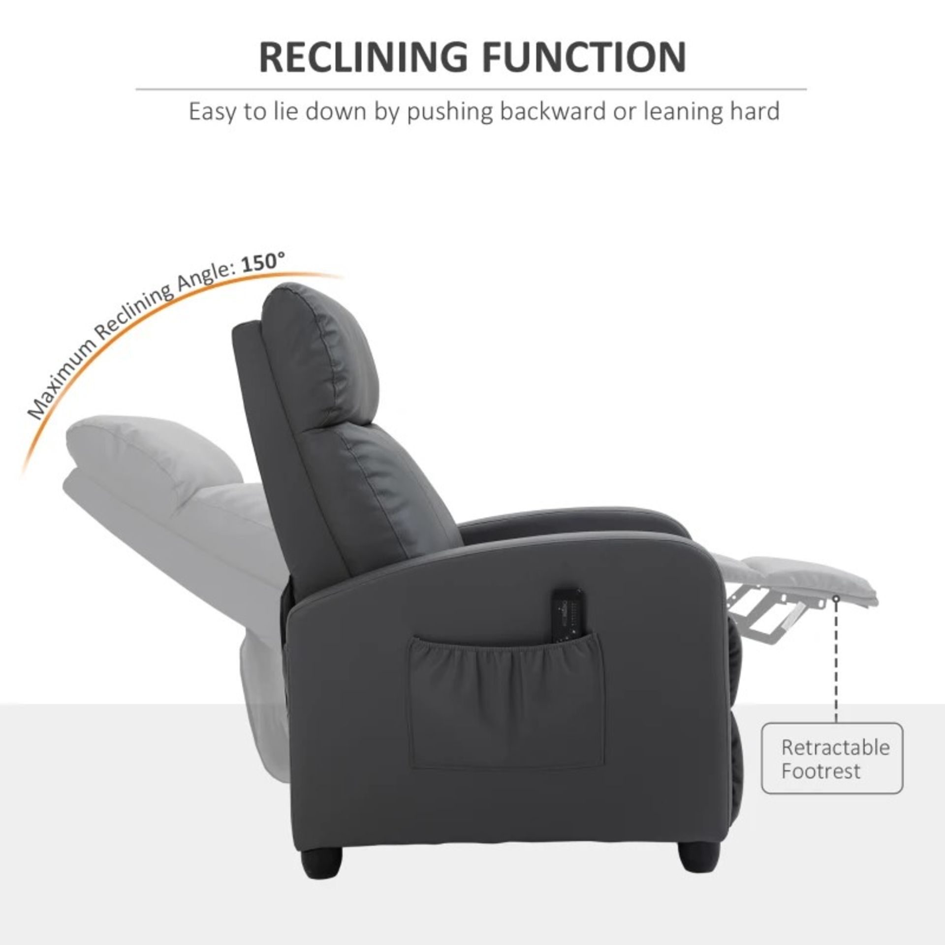 RRPP £254.99 - Recliner Sofa Chair PU Leather Massage Armcair w/ Remote Control, Grey - Image 5 of 6