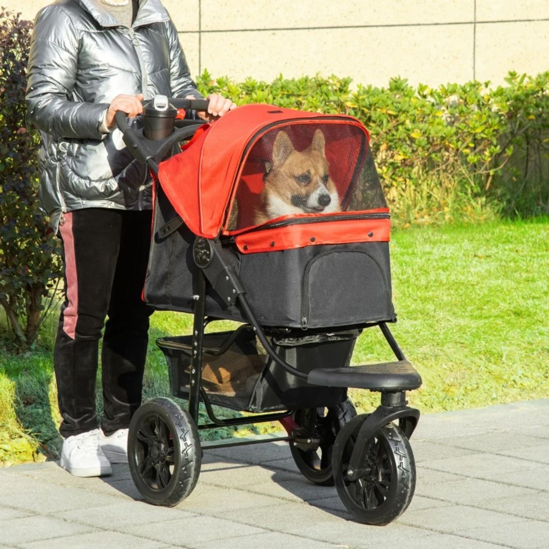 RRP £146.99 - Oxford Cloth Folding 3-Wheel Pet Stroller Dog Trolley Red/Black - 2 IN 1 DESIGN: Front