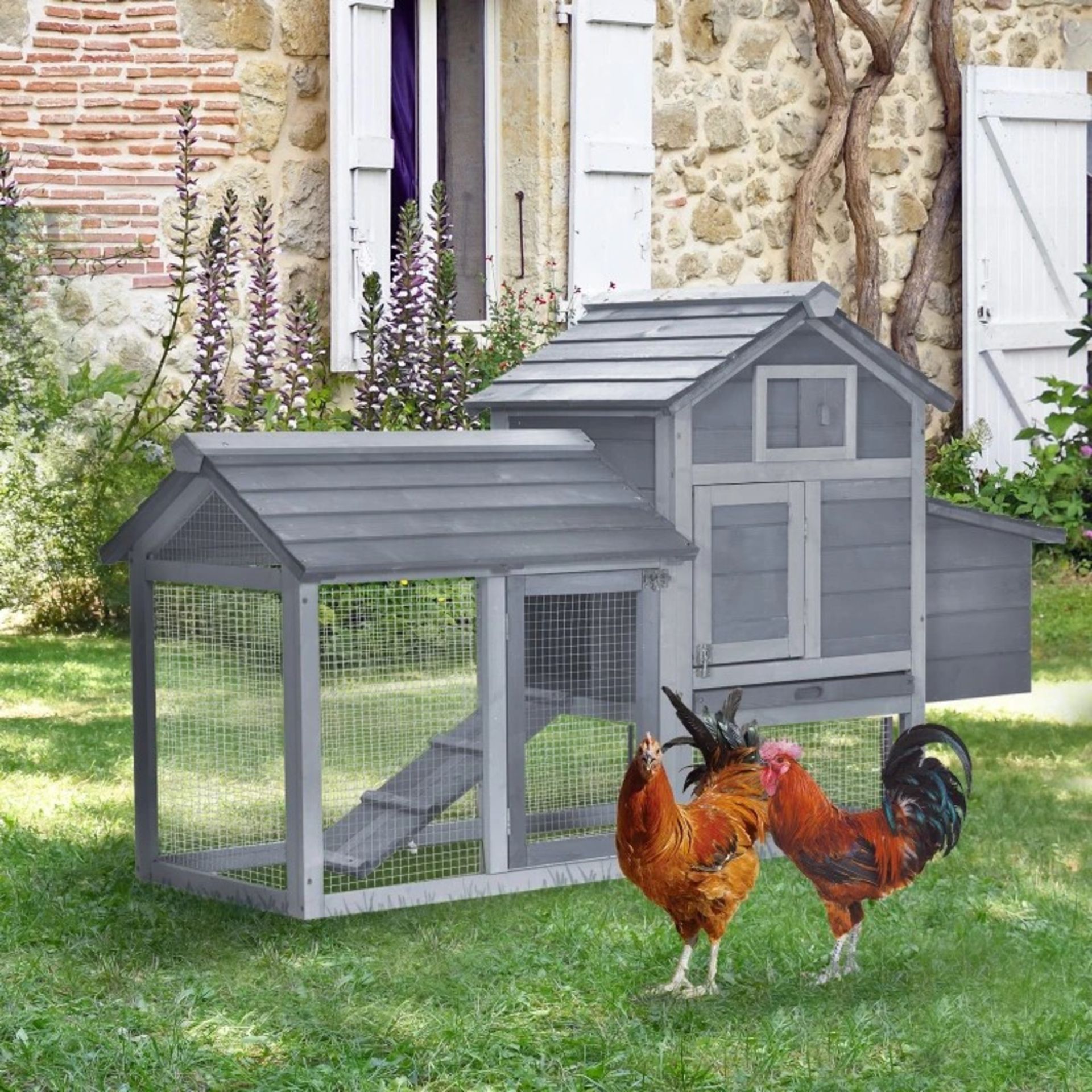 RRP £122.99 - PawHut Chicken's 2-Tier Fir Wood Hutch Grey - SPACIOUS DESIGN: 150.5L x 54W x 87Hcm