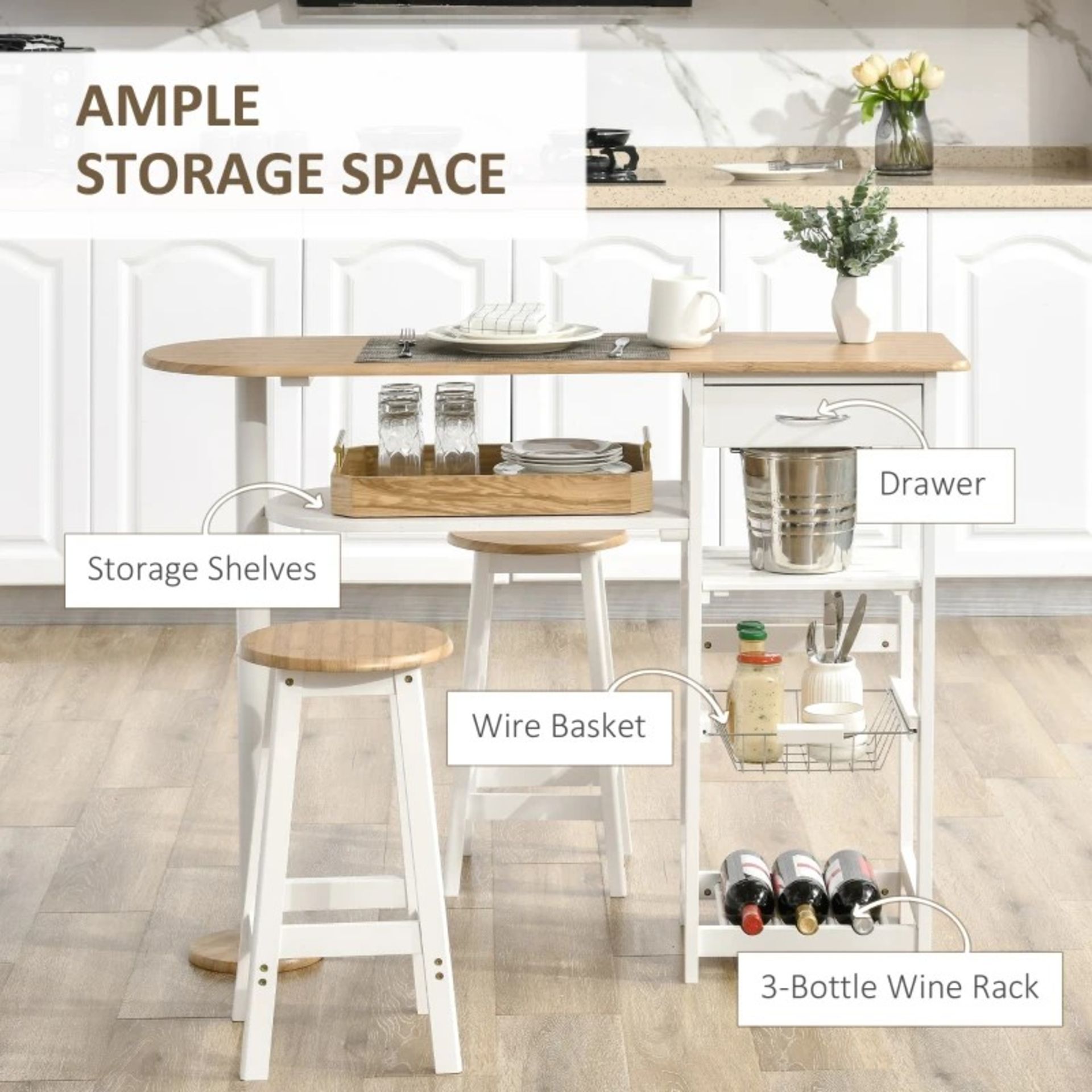 RRP £159.99 - 3 Piece Bar Table Set, Breakfast Bar table and Stools with Storage Shelf, Drawer, Wire - Image 2 of 4