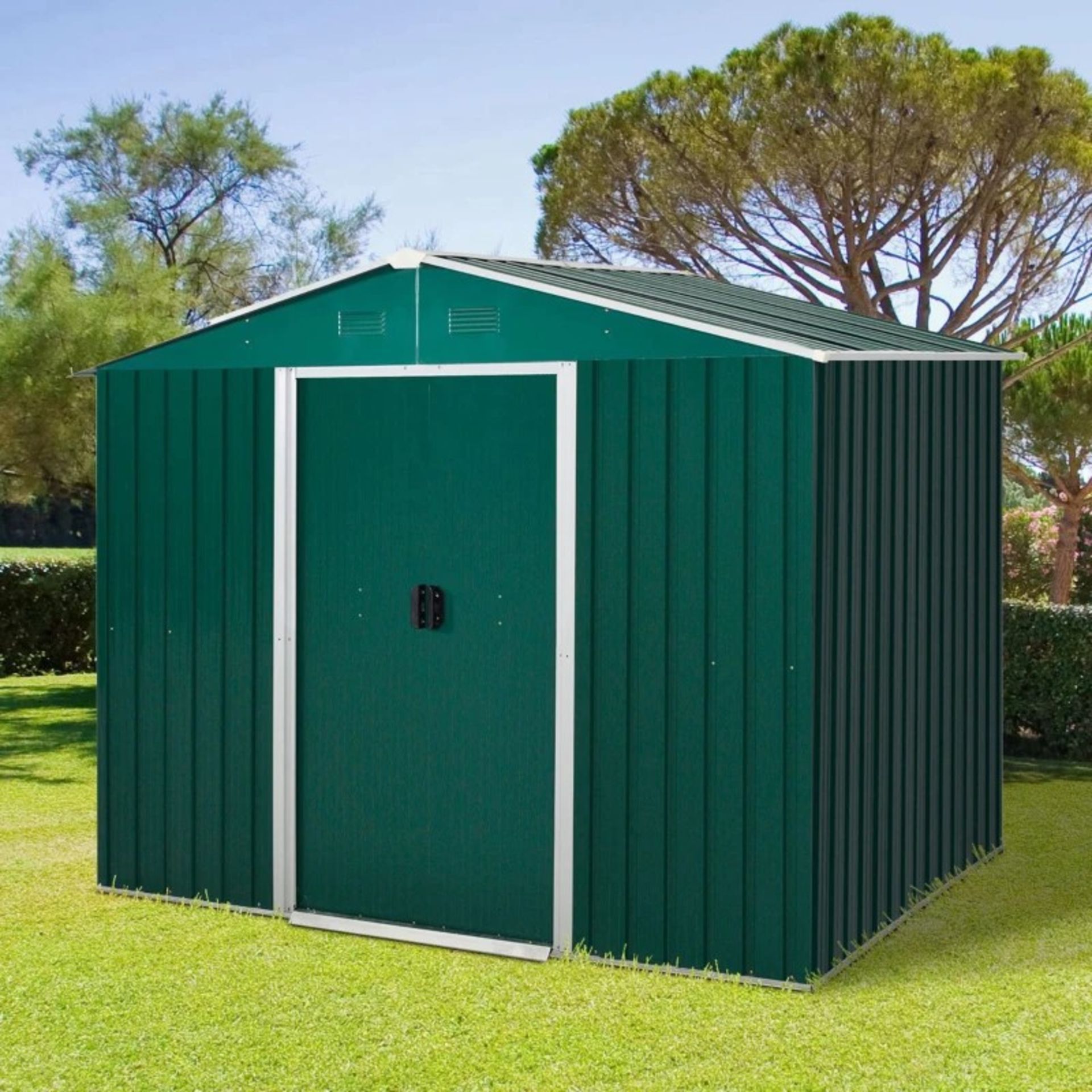 RRP £349.99 - 5.7 x 7.7ft Corrugated Steel Sliding Door Garden Shed - Green - Image 3 of 4