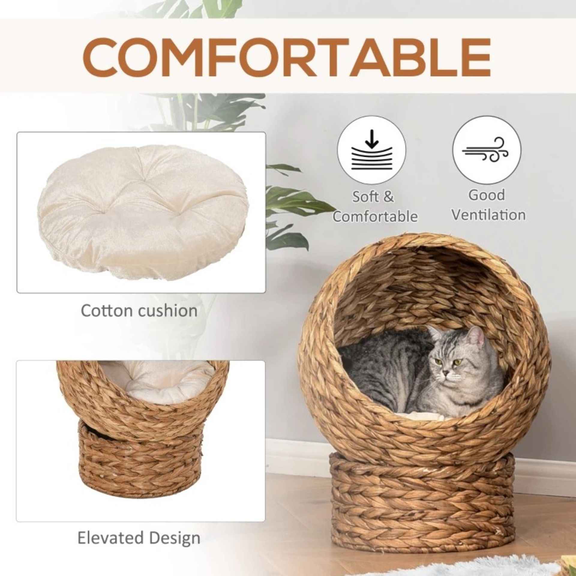 RRP £48.99 - Cats Woven Banana Leaf Elevated Basket Bed w/ Cushion Brown - - Image 2 of 3