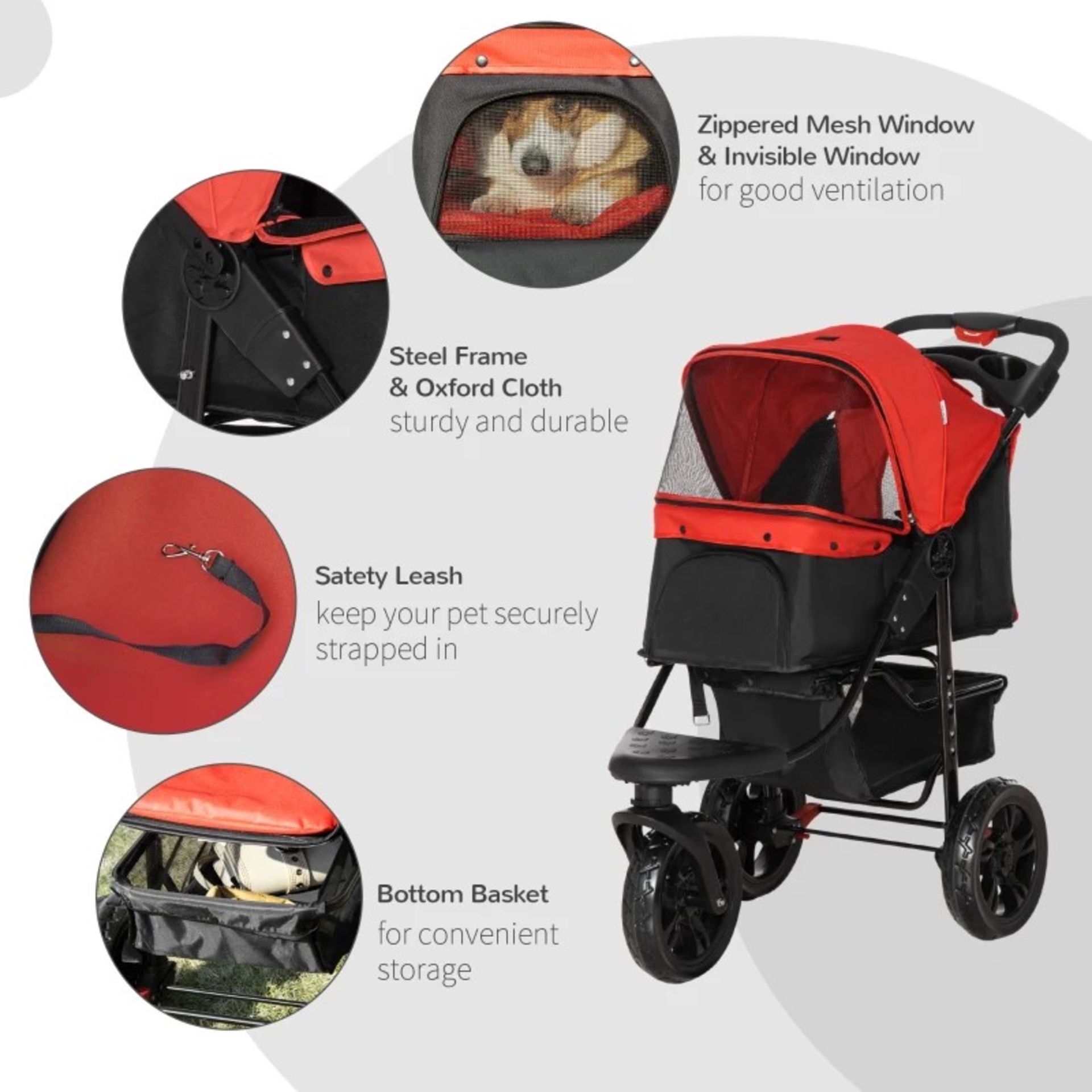 RRP £146.99 - Oxford Cloth Folding 3-Wheel Pet Stroller Dog Trolley Red/Black - 2 IN 1 DESIGN: Front - Image 2 of 4