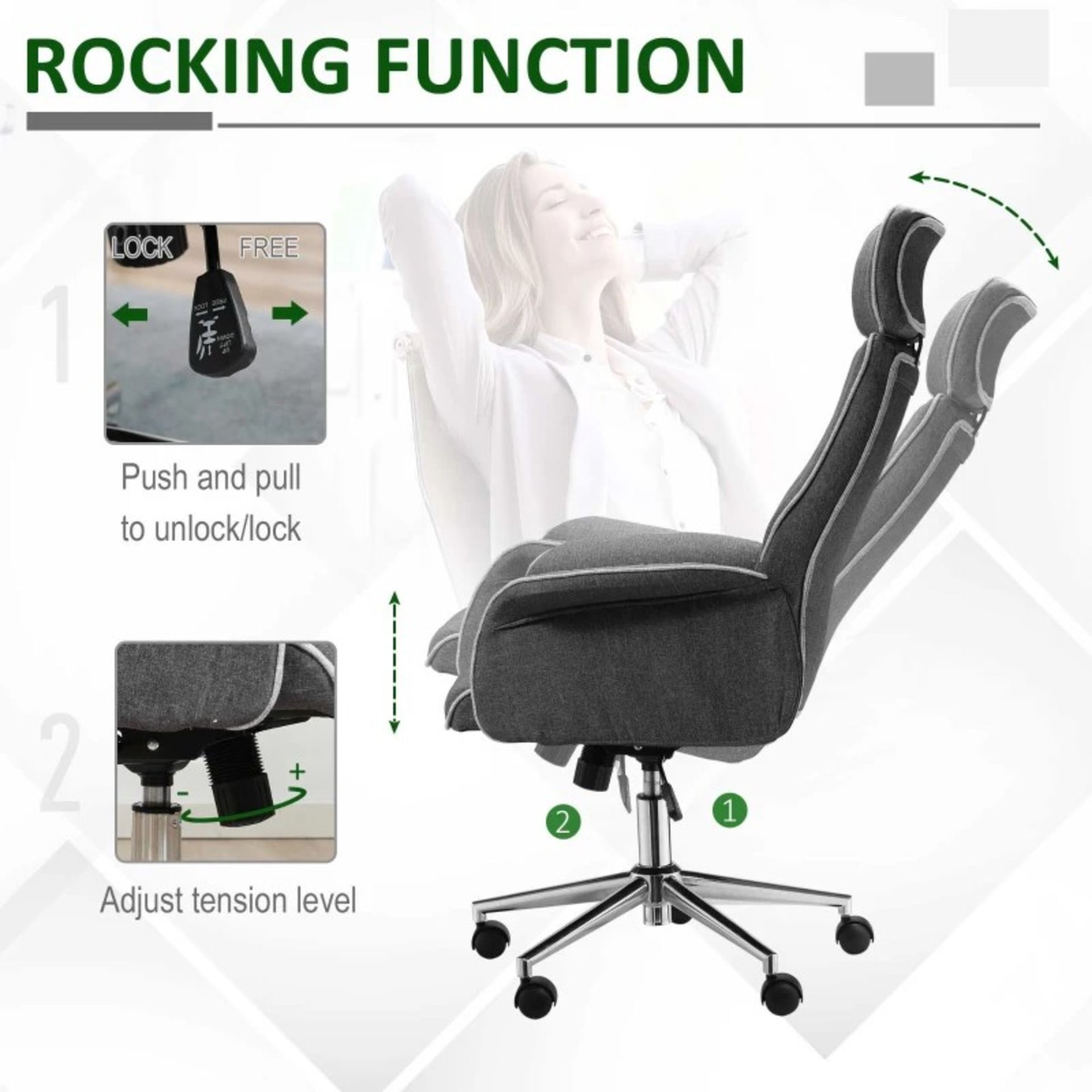 RRP £109.99 - Vinsetto Desk Rocking Chair for Office Executive Adjustable High Back on Wheels Grey - Image 3 of 4