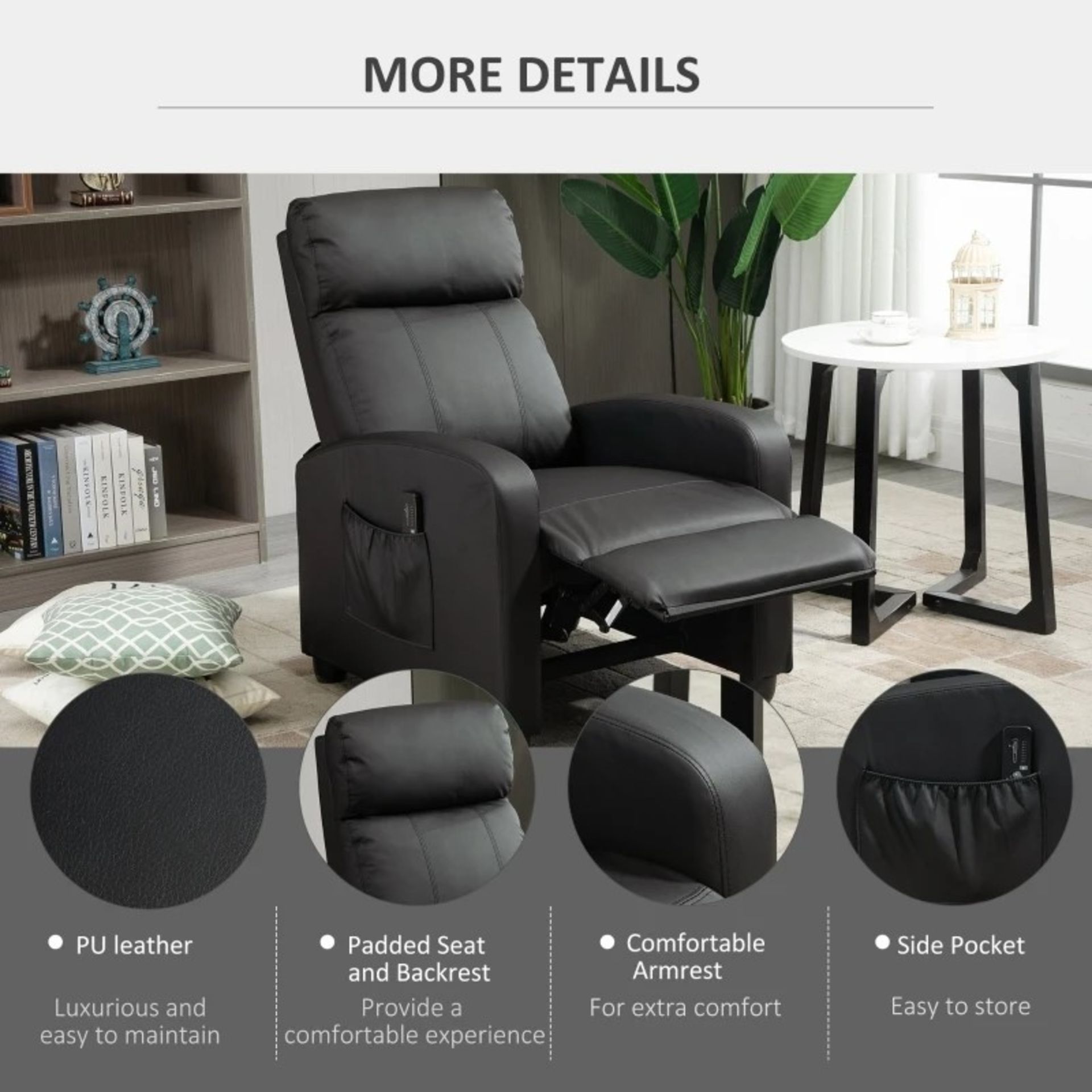 RRP £229.99 - Recliner Sofa Chair PU Leather Massage Armcair w/ Remote Control, Black - Image 4 of 5